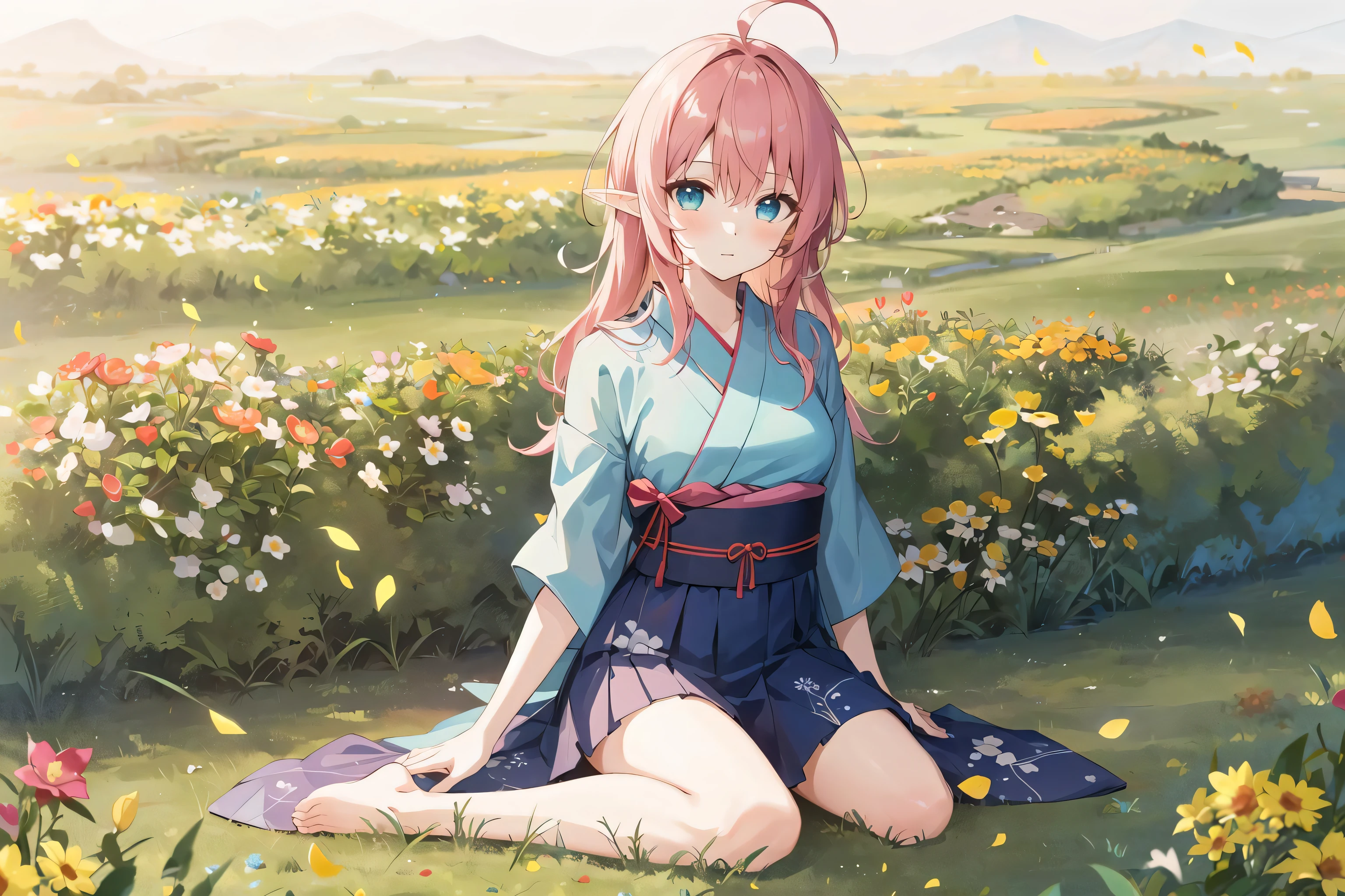 1 girl, solo, yukata, long hair ,elf, short pink hair, aqua eyes, facing viewer, blush ,
shy, ahoge, messy_hair, skirt_lift,
medium_breasts, , latex, love, wariza, sitting on floor, barefoot, ,flower field, grasslands, depth of field, high quality,