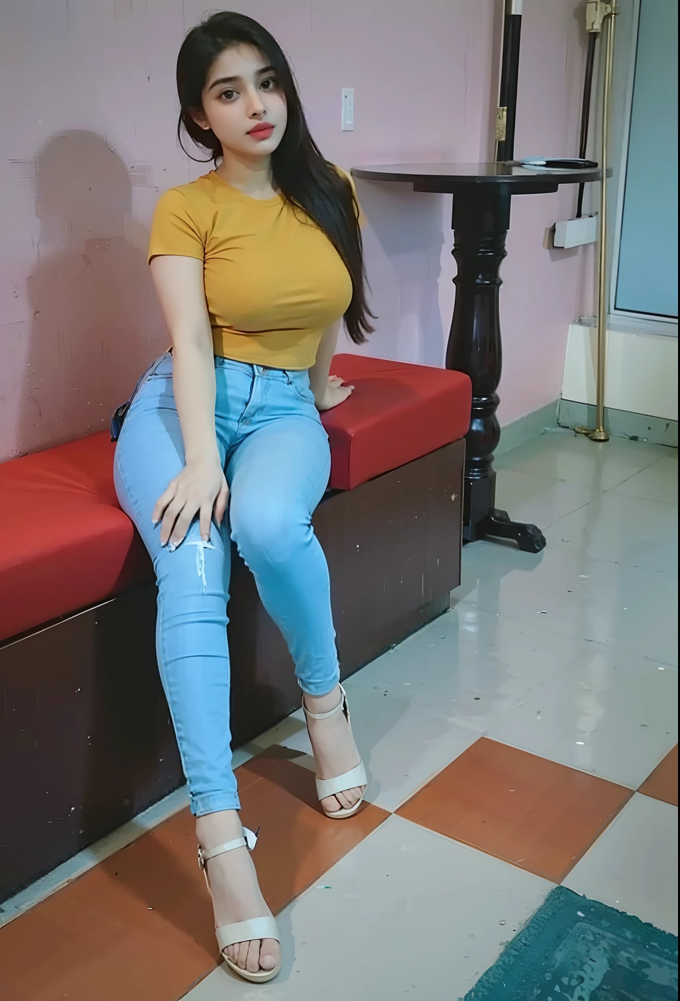 Indian girl, best quality, thick figure, skinny waist and thick hips, perfect face, seductive