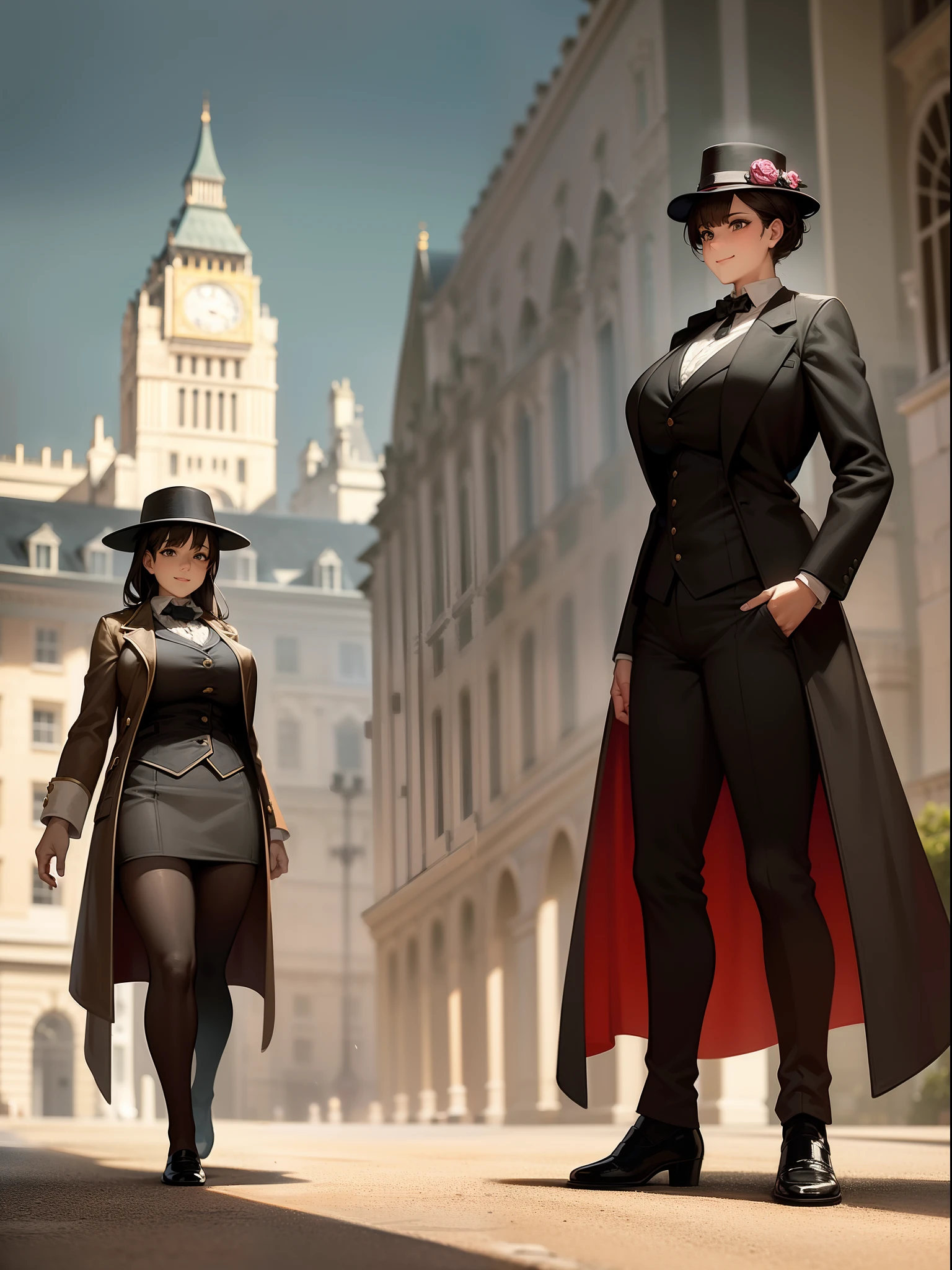 sherlock holmes & watson, huge busty 2 girls assemble,
sherlock holmes girl brown glen check frock coat,
side standing watson girl white formal suits,
detective,
gently,
elegance,
wind,
smile,
london,
baker street,
british,
real face,
real body,
real background,
((((masterpiece)))), high quality, very_high_resolution, large_filesize, full color,