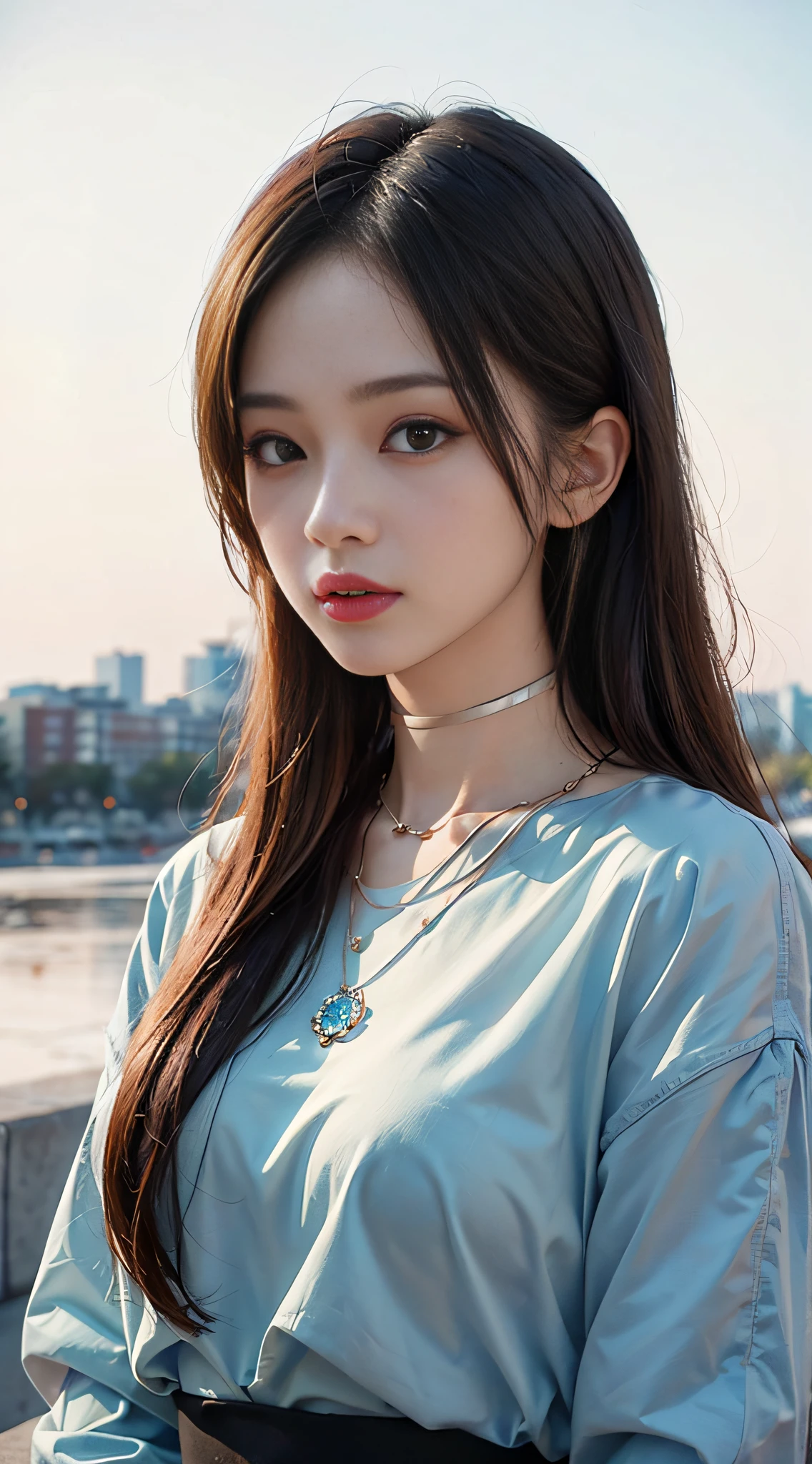 ((masterpiece:1.4)、(top-quality:1.4)、(reallistic:1.7))、masuter piece:1.4、Kawaii Girl、1girl、Portrait photos、Close-up photos、Upper body photography、beautiful countenance、a beauty girl、Narrow waist、poneyTail、Raw photo、red-lips、(a choker:1.4、a necklace:1.4、耳Nipple Ring:1.4)、1 screen display、Outdoor landscape