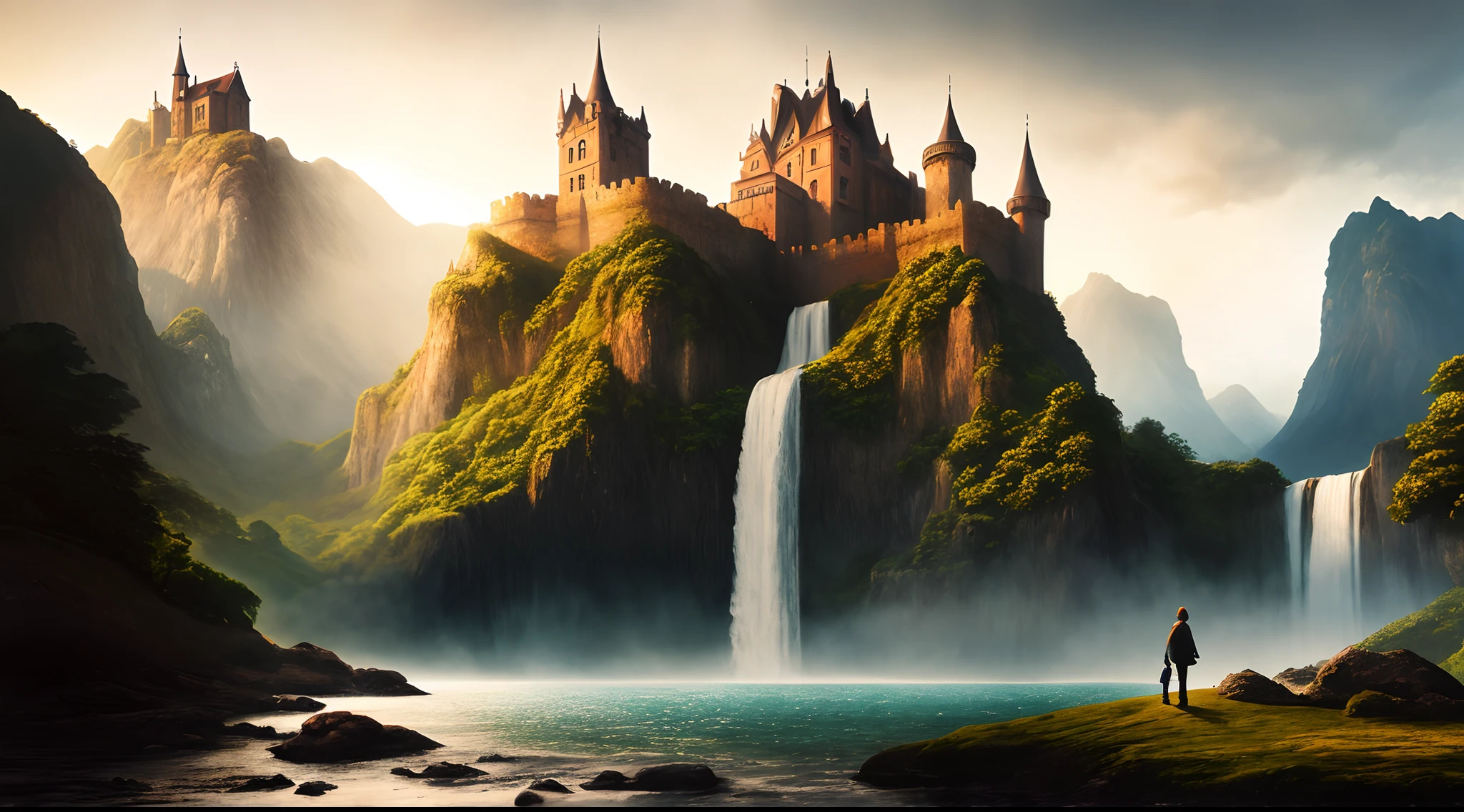 painting of a waterfall in a mountainous area with a castle on the top, ross tran. scenic background, beautiful matte painting, atmospheric and foggy, 4 k matte painting, detailed scenery, beautiful iphone wallpaper, avatar landscape, inspired by Alan Lee