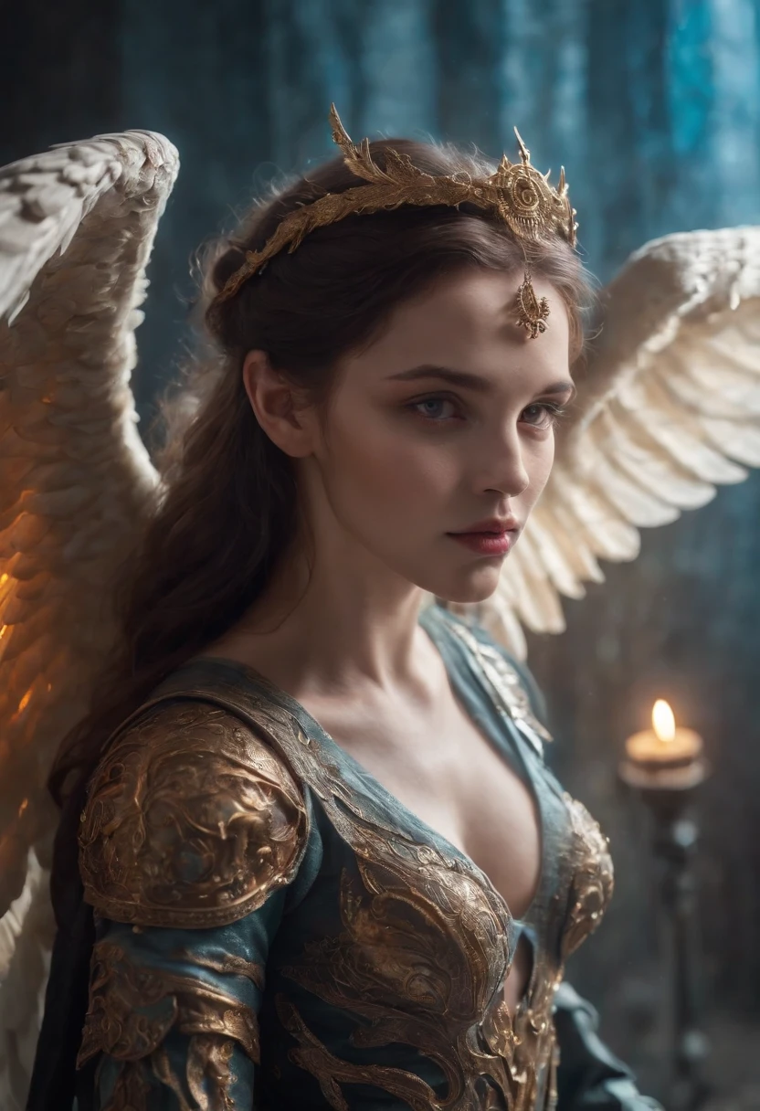 Cosmic Fallen angel, luminous light eyes, Biomechanical, Creepy, Creepy, Nightmarish, Very bright colors, Light particles, with glowing light, , Wallpaper Art, Wallpaper uhd, Medieval Clothing