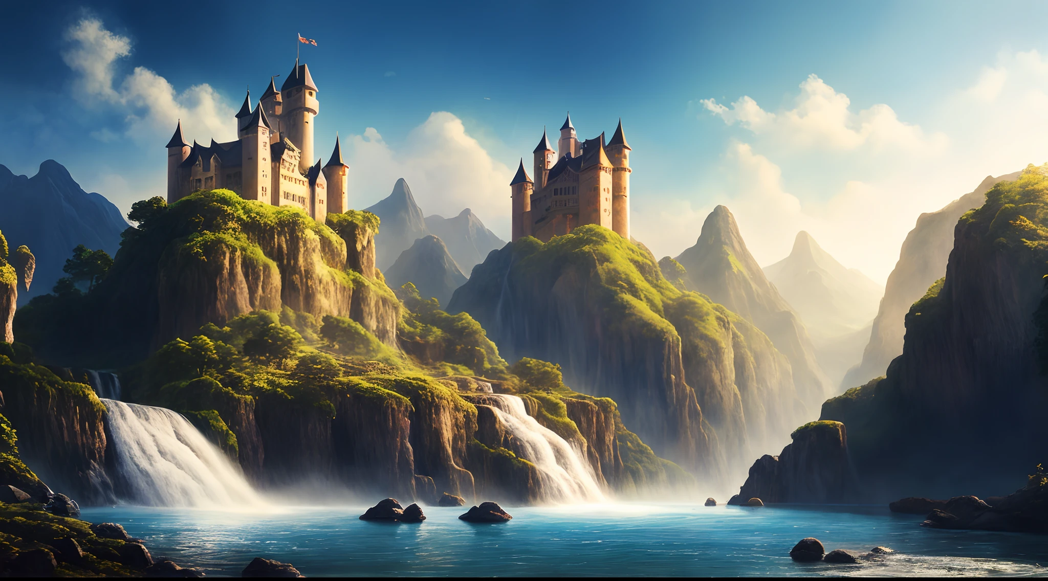 painting of a waterfall in a mountainous area with a castle on the top, ross tran. scenic background, beautiful matte painting, atmospheric and foggy, 4 k matte painting, detailed scenery, beautiful iphone wallpaper, avatar landscape, inspired by Alan Lee
