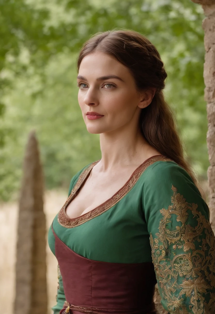 (((Una profunda herida rojiza cruza su mejilla izquierda))) tez clara, LARGE WET BREASTS Woman around 50 years old, CUERPO ENTERO cabello blanco natural, Ojos verdes distintivos, Uso de Kohl, Delgado y elegante, Beautiful, Luz de velas en un entorno medieval, Ultra Sharp Focus, Toma realista, Ropa femenina medieval, triadic colours (cicatriz:1.4)