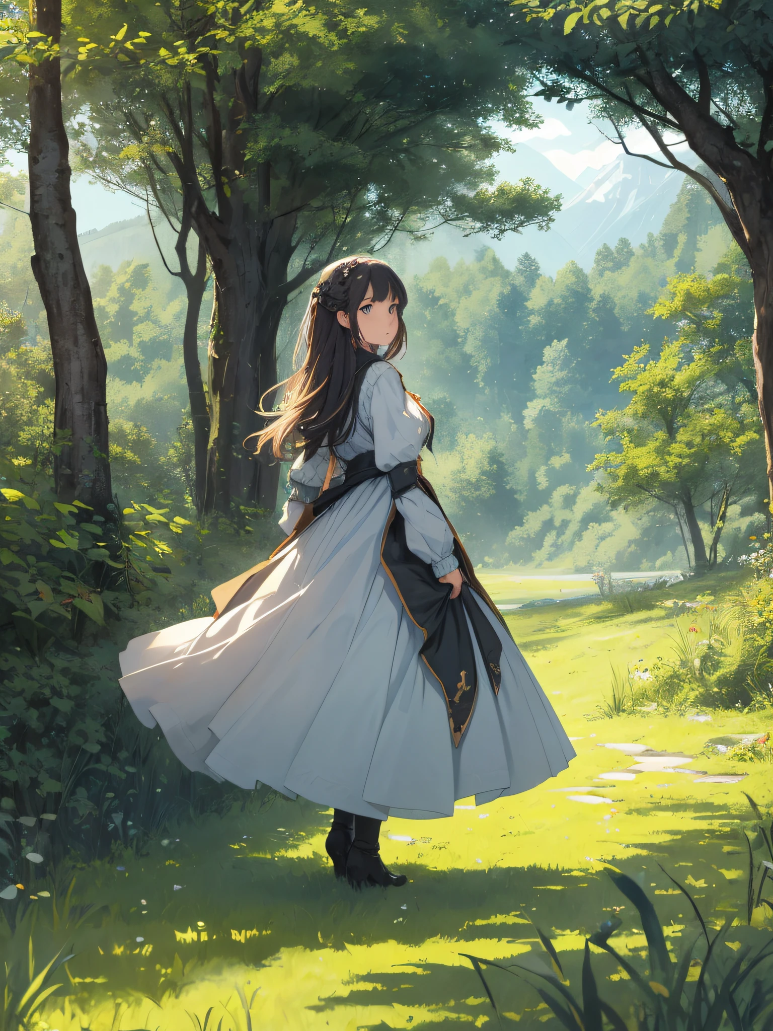 A girl in a dress is walking through the woods - SeaArt AI