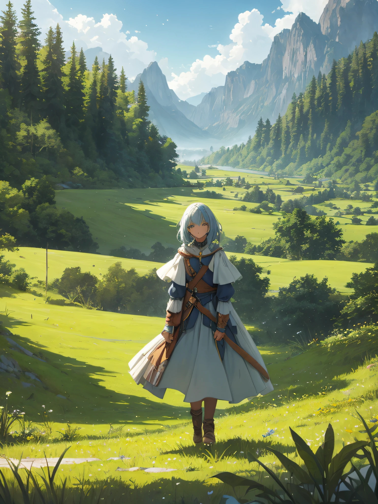 In a green meadow stands a girl leading a group of knights.
BREAK
With a brave expression, she guides them towards their destination.
BREAK
Behind her, a green forest stretches out and beyond that, mountains rise in the distance.
BREAK
The most suitable effect for this scene would be a watercolor painting technique to capture the softness of the meadow and the fluidity of the movement.