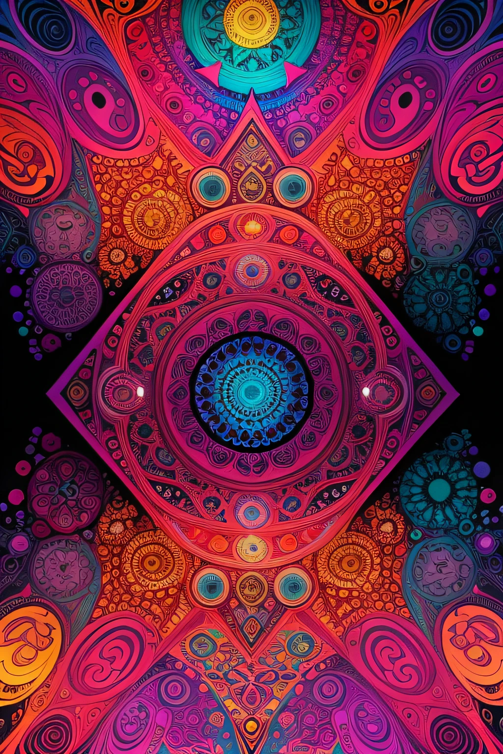 a psychedelic mandala in comics art style, with magnificent vibrant colors and very structured details