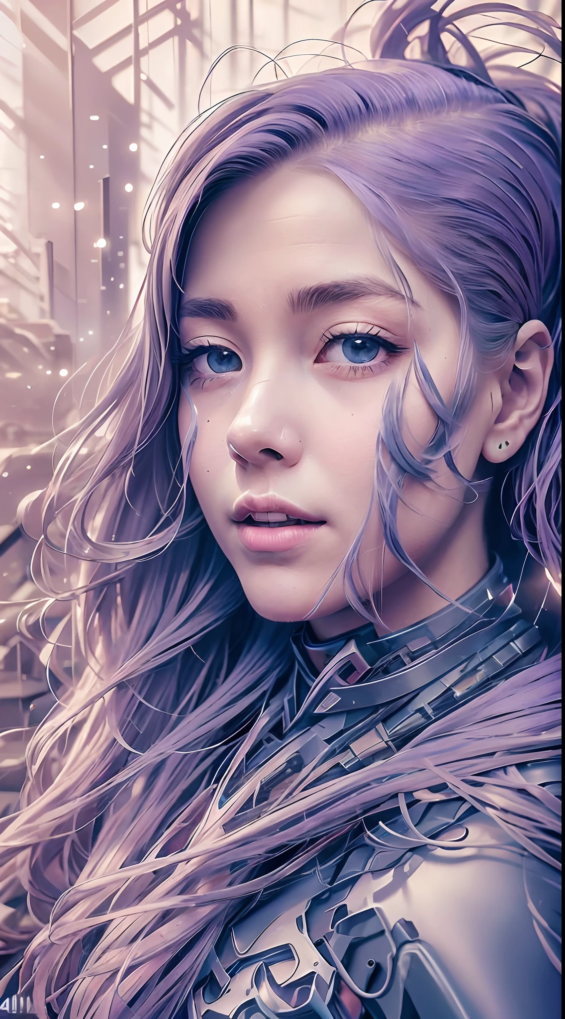 Stable diffusion cues:
lavender hair, Light blue eyes, A woman wearing a red and white mech, Metallic texture, (Best quality,4K,A high resolution,Masterpiece:1.2), Ultra-detailed, Realistic:1.37, sportrait, Vibrant colors, Soft lighting, ruined city in the background