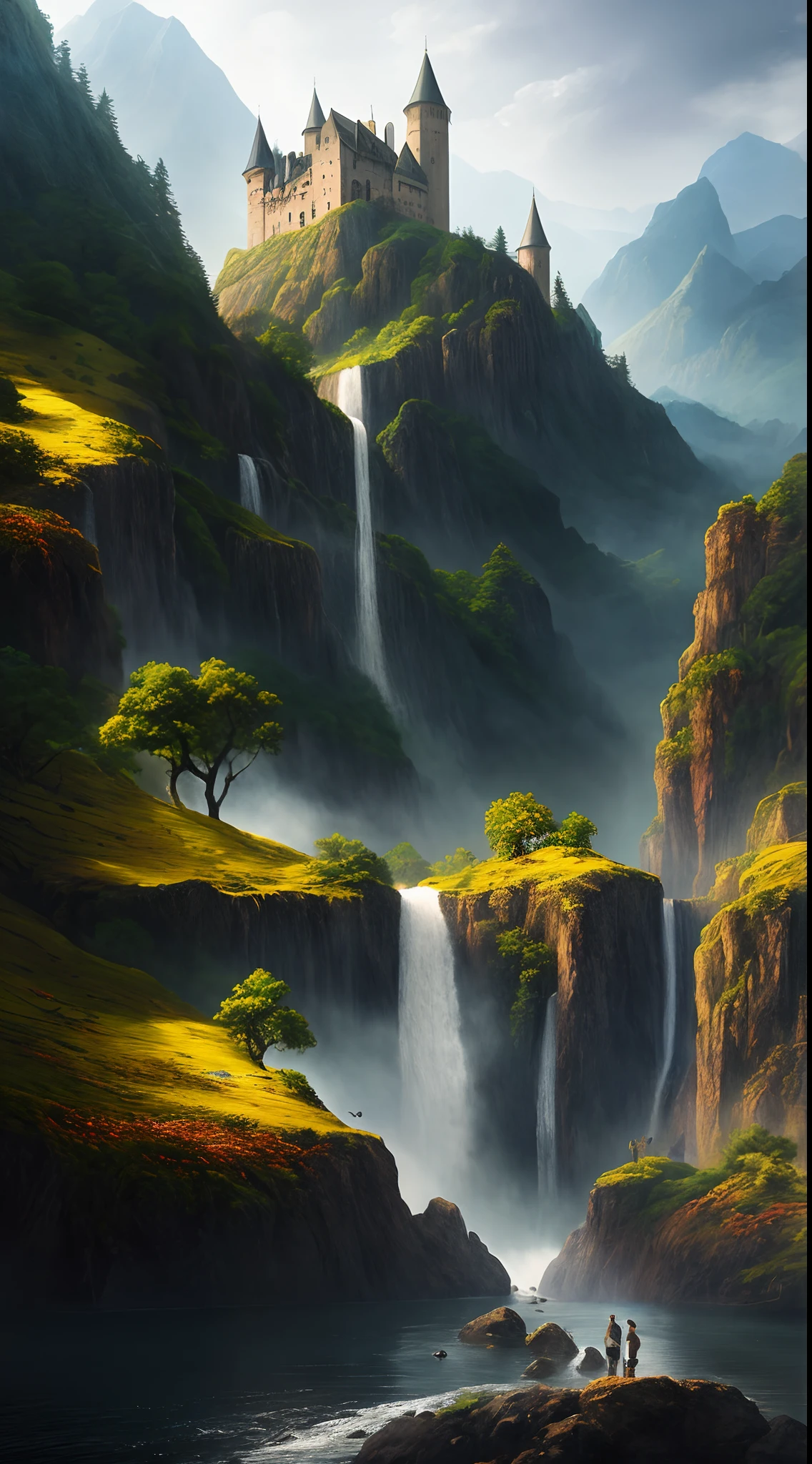 painting of a waterfall in a mountainous area with a castle on the top, ross tran. scenic background, beautiful matte painting, atmospheric and foggy, 4 k matte painting, detailed scenery, beautiful iphone wallpaper, avatar landscape, inspired by Alan Lee