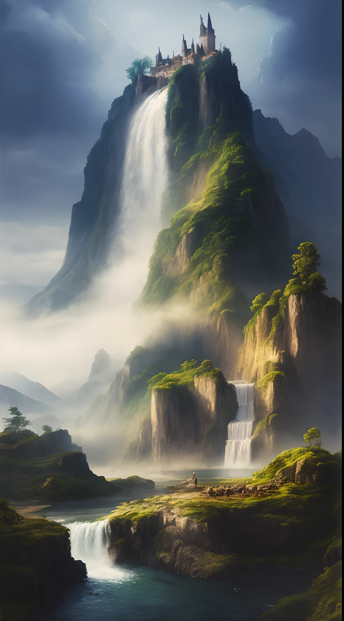painting of a waterfall in a mountainous area with a castle on the top, ross tran. scenic background, beautiful matte painting, atmospheric and foggy, 4 k matte painting, detailed scenery, beautiful iphone wallpaper, avatar landscape, inspired by Alan Lee