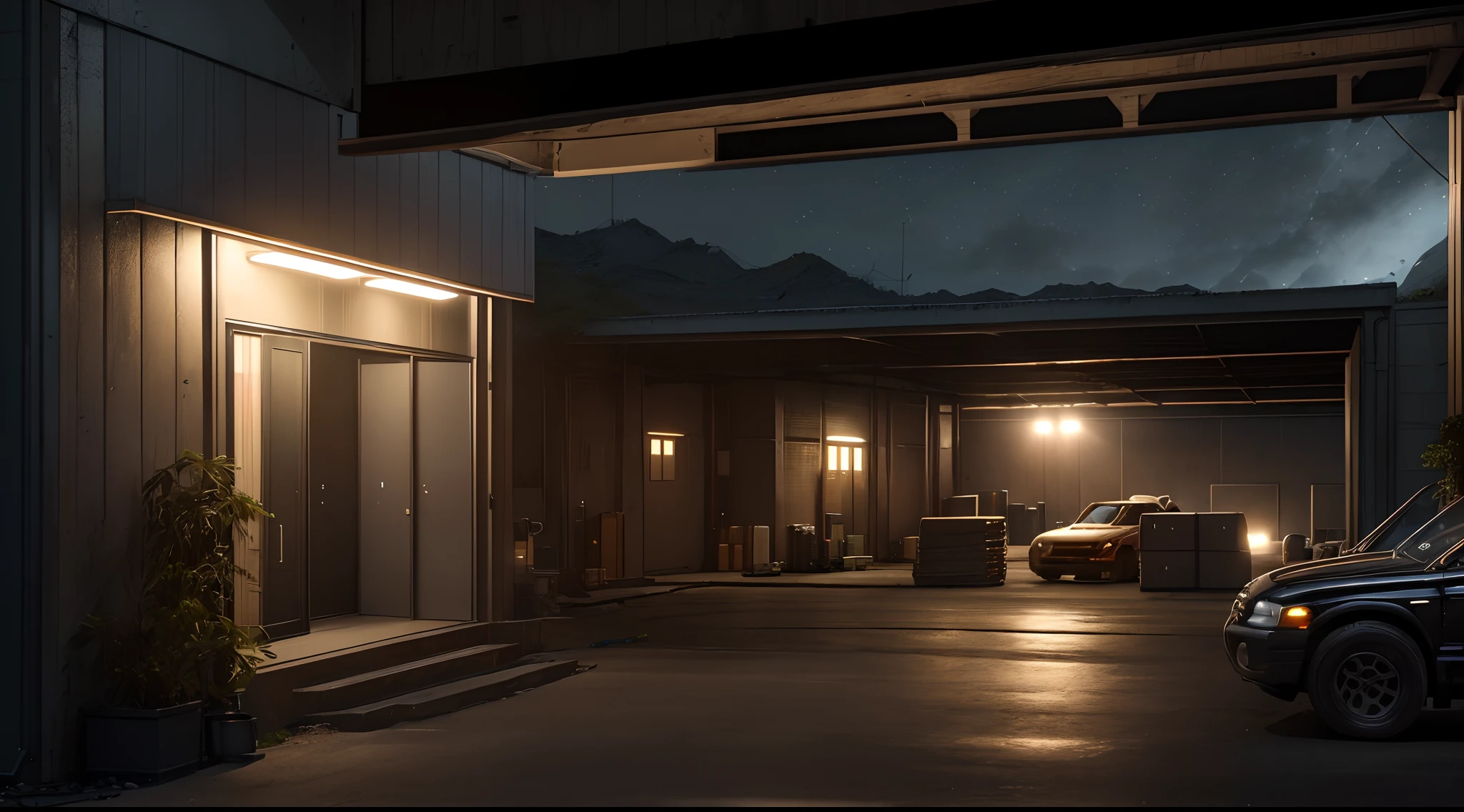 Ultra Realistic Production, (Movie Still Shot of Dimly lit Warehouse-Like Basecamp:1.4), (Action Movie Still:1.6), (Night Time:1.6), (Warehouse Interior Shot:1.4), (Computer and Laboratory on the Corner:1.6), (Training Ring on the Center of the Basecamp), (Luminescent Effects:1.2), (Dynamic Angle Shot:1.2), Insane Details, Intricate Detail, Cinematic Shot and Lighting, Realistic Colors, Masterpiece, Sharp Focus, Ultra Detailed, Taken with DSLR Camera, Realistic Photography, Depth of Field, Incredibly Realistic Environment and Scene, Master Composition and Cinematography