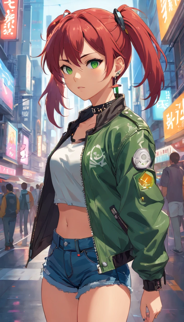 Female asian Irina Shidou red hair twintails green eyes wearing a leather jacket and crop top and denim shorts and earrings and choker in a cyberpunk city, portrait, masterpiece, high definition, high resolution