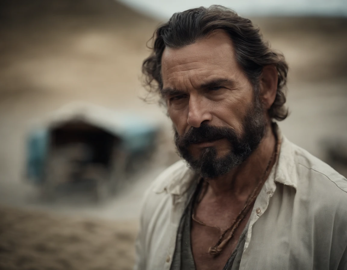 HD masterpiece, beste-Qualit, high resolucion, 4k, science-fiction, (((un vieux homme de 70 ans))), debout, (Barbe blanche), traits du visage forts, torse poilu, fat, sable. undress top, bulky smoke, nuit, brume. background soap bubbles, vapeur verte
