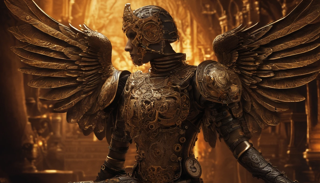 Cosmic Fallen Angel, Glowing light eyes, biomechanical, Creepy, Creepy, nightmarish, Very bright colors, light particles, with luminous light, , Wallpaper Art, UHD wallpaper, medieval garb