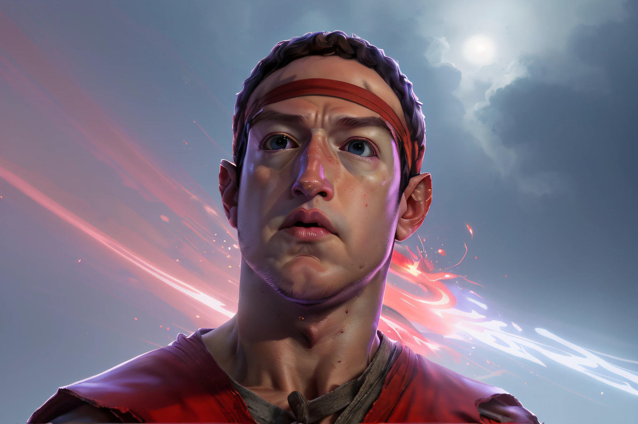 **Mark Zuckerberg Face arte de Ryu de Street Fighter apresenta raiva, Um rosto altamente detalhado, headband red, Um ambiente extremamente detalhado, um pano de fundo detalhado, cores extremas, Professional Color Grading, edge lighting, fire, e caos, Ryu**