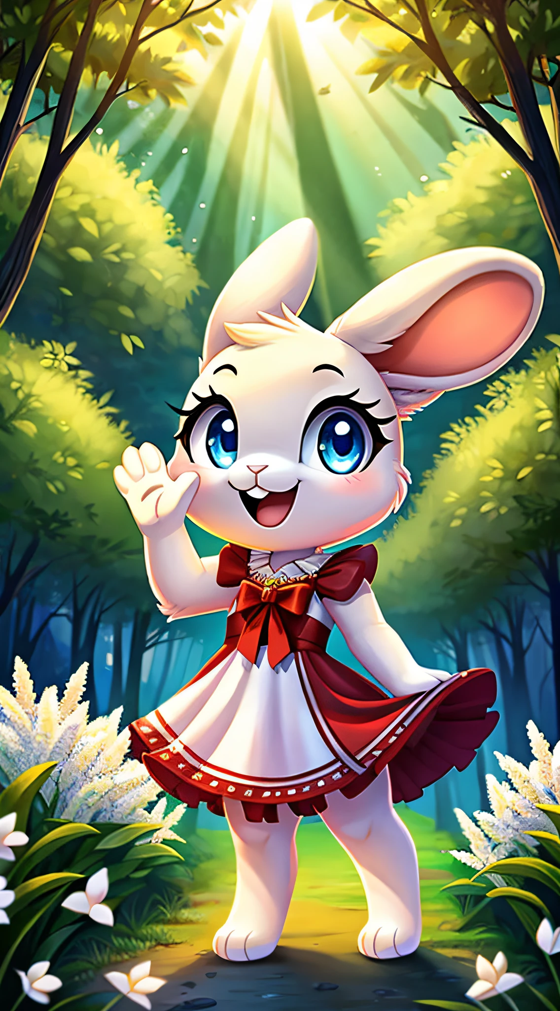 zoomed out image, fantasy style art, cute, adorable, short character, small, tiny little fluffy female white bunny with blue eyes, 4 ears, 2 extra ears, big floppy ears, long ears, ears perked up, raised ears, long eyelashes, poofy rabbit tail, wearing a red frilly ribbon dress, smiling, standing in a forest, big expressive smile, waving hello, excited pose, happy to see you, open mouth, wide eyes, excited eyes, excited face, stunning visuals, sunlight coming through the trees, white flowers scattered in the bushes, digital illustration