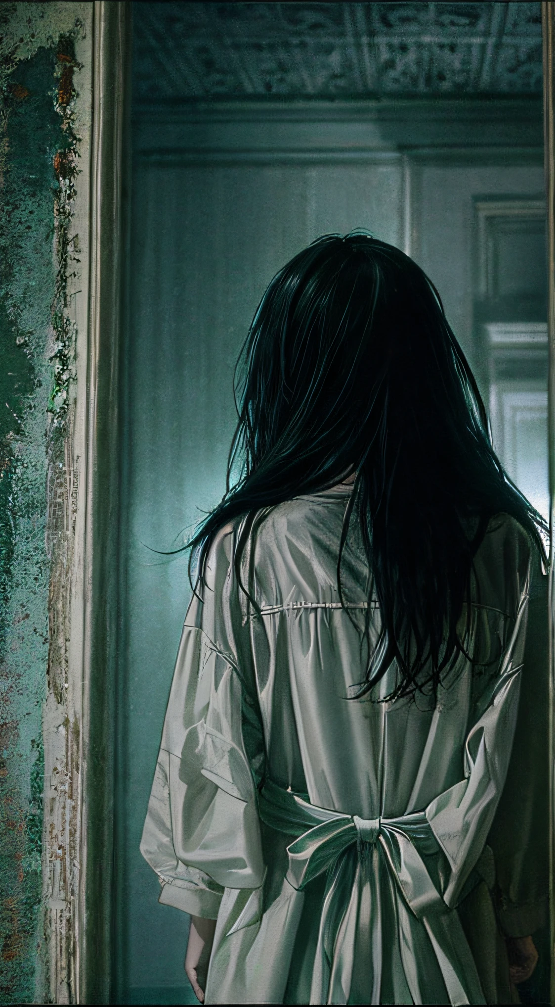 horror film shot of a creepy girl with long straight black hair, no face, wearing a dirty hospital gown,standing alone inside a haunted mansion at night, rule of the thirds, tonal color scheme, pale green, pensive stillness, bokeh, mystery, horror, unholy, eerie, creepy, moody lighting, in the style of denis villeneuve, film still, cinestill 800