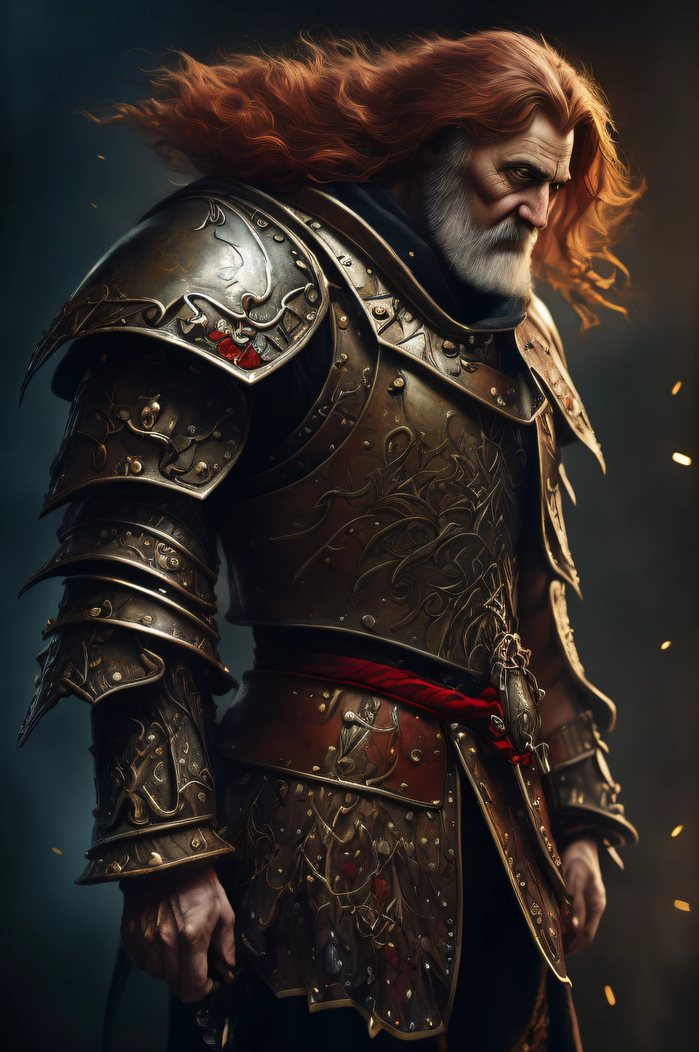 A (full body:1.3) shot at 8k resolution, splash art, fantastic comic book style, photorealistic, intense look, anatomical photorealistic digital painting portrait of a (old male:1.3) human (warrior:1.3) in black and gold intricate (heavy armor:1.3) with (red hair) in a (dark and moody universe:1.3), light particle, very detailed skin,samurai, very detailed eyes, (elden ring style:1.1), (warhammer style:1.4), concept artist, global illumination, depth of field, splash art, art by artgerm and greg rutkowski and viktoria gavrilenko