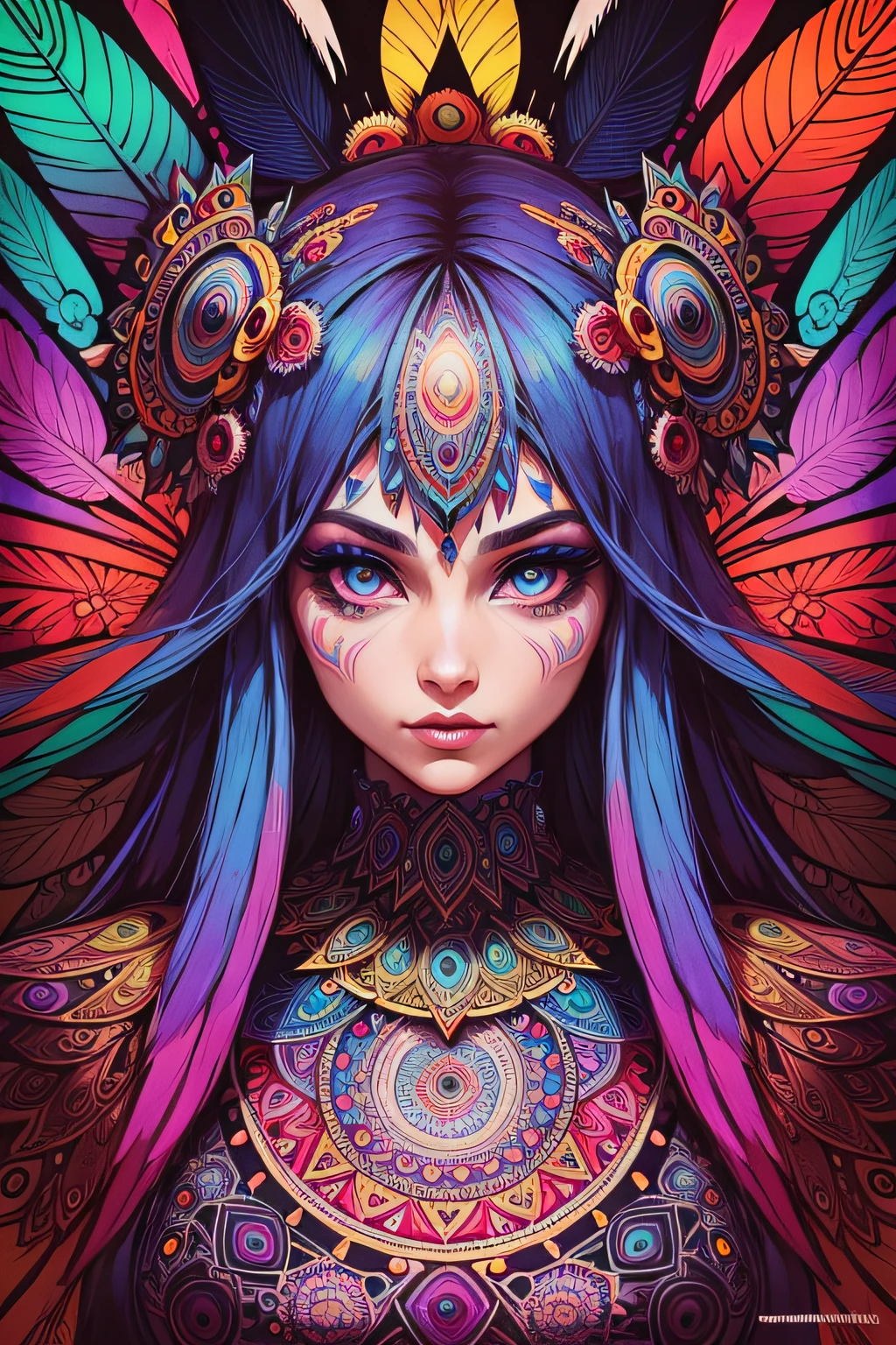 a psychedelic mandala with eyes and feathers in comics art style, magnificent vibrant colors and very structured details