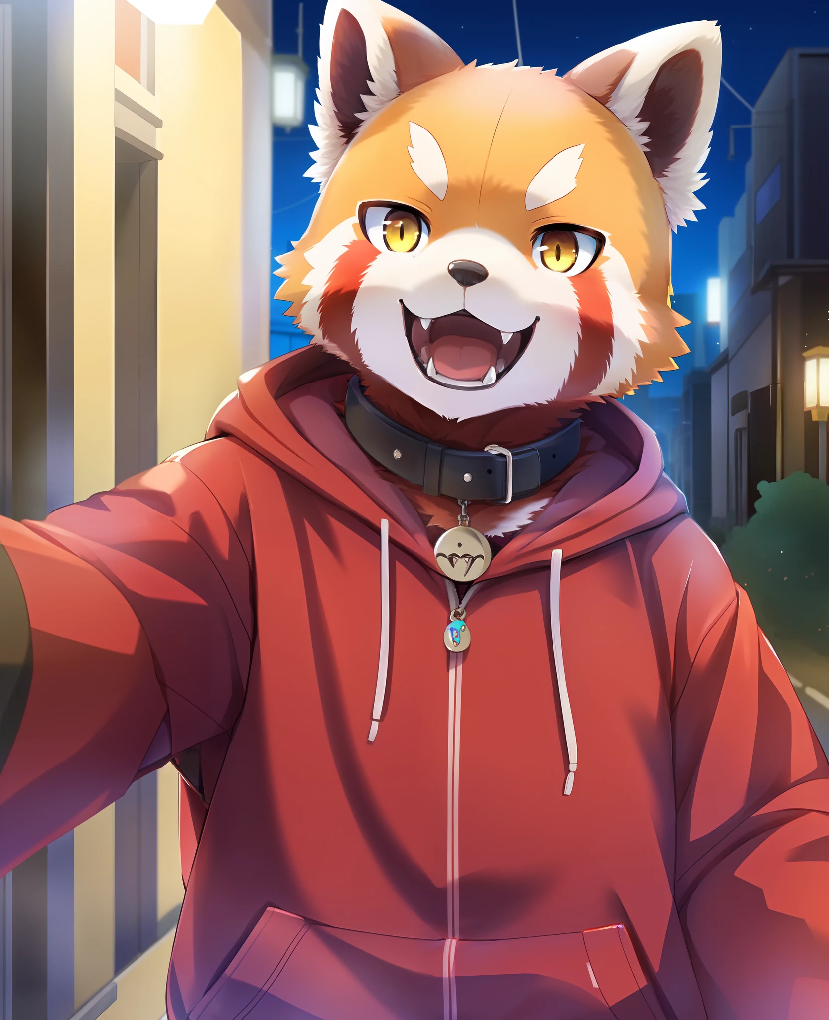 red panda, yellow eyes, candy, clothed, hoodie, collar, jewelry, outside, street, happy, smile, selfie, sharp teeth, kemono, by geppei5959, by kiyosan