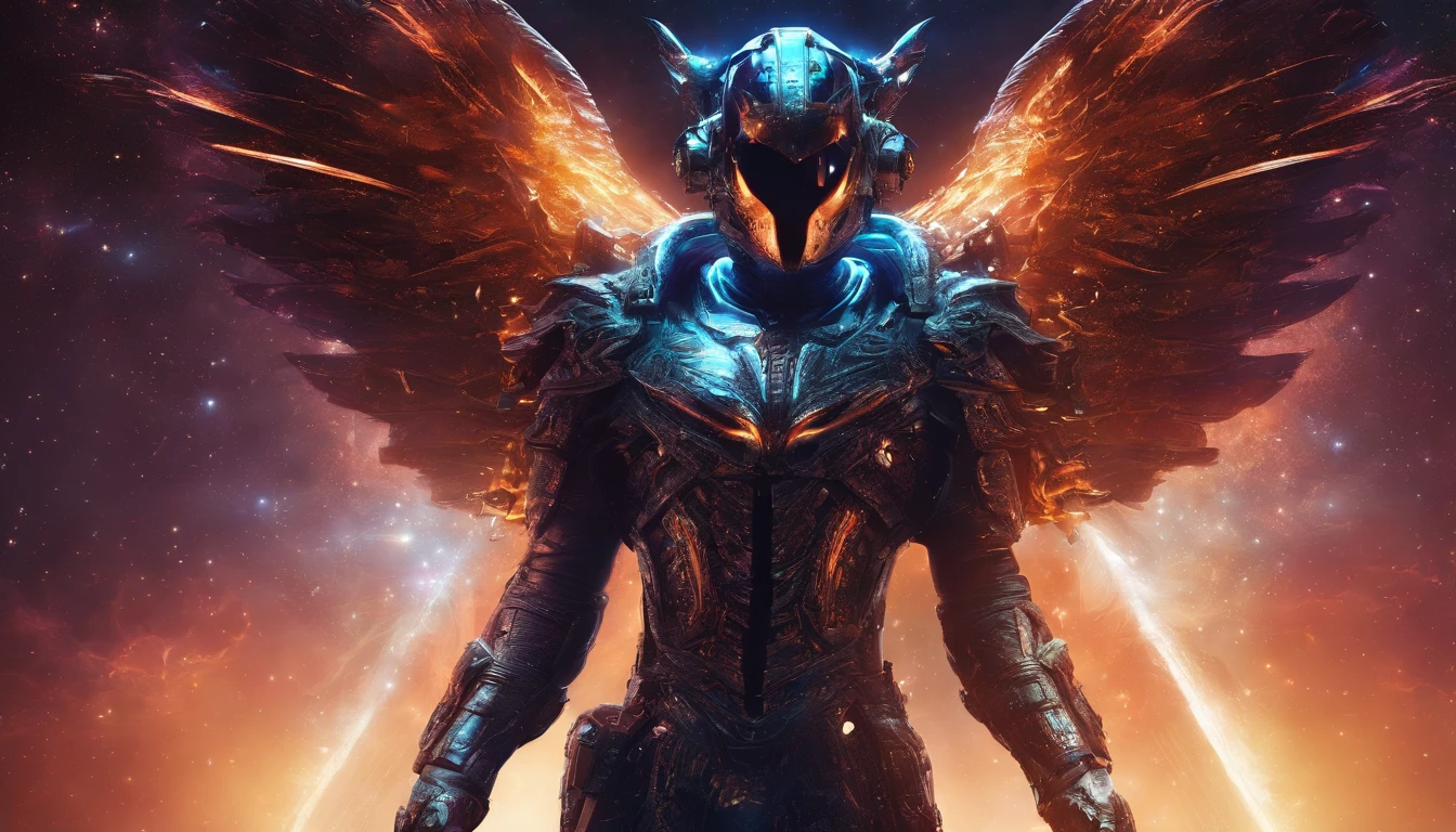 Cosmic Fallen Angel, Glowing light eyes, biomechanical, Creepy, Creepy, nightmarish, Very bright colors, light particles, with luminous light, , Wallpaper Art, UHD wallpaper, medieval garb