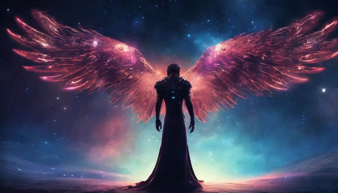 Cosmic Fallen Angel, Glowing light eyes, biomechanical, Creepy, Creepy, nightmarish, Very bright colors, light particles, with luminous light, , Wallpaper Art, UHD wallpaper, medieval garb