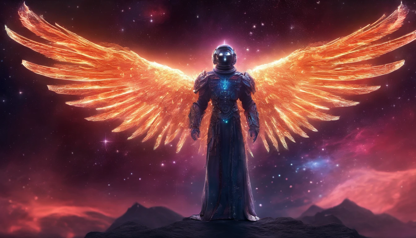 Cosmic Fallen Angel, Glowing light eyes, biomechanical, Creepy, Creepy, nightmarish, Very bright colors, light particles, with luminous light, , Wallpaper Art, UHD wallpaper, medieval garb