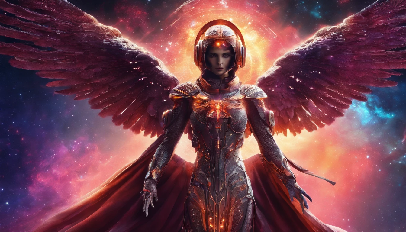Cosmic Fallen Angel, Glowing light eyes, biomechanical, Creepy, Creepy, nightmarish, Very bright colors, light particles, with luminous light, , Wallpaper Art, UHD wallpaper, medieval garb