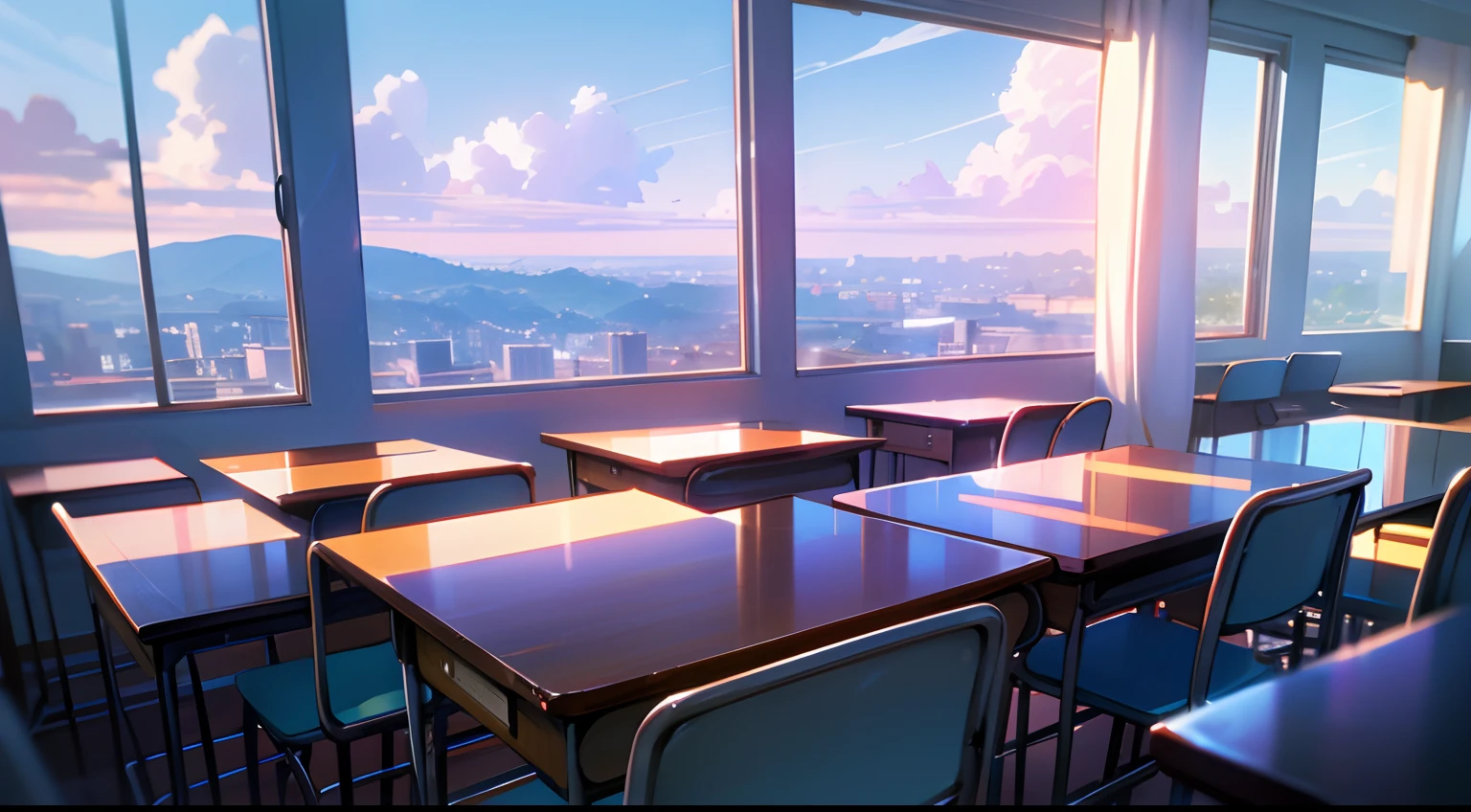 (masutepiece)), (Professional Photography:1.2), (High Definition:1.3), Best Quality, 8K, From below, Wide Shot, Cinematic lighting, (in the beautiful classroom), Lots of desks, clear window, summer day, landscape