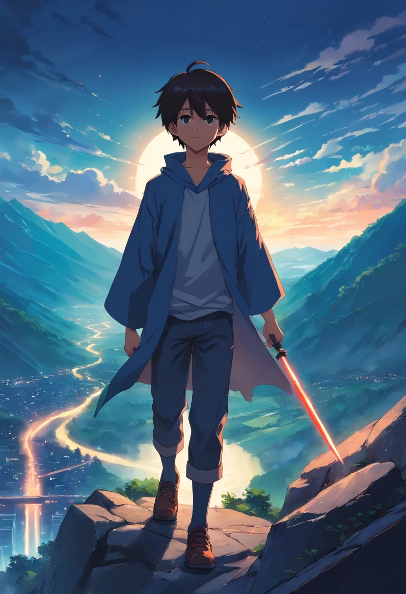 A boy with darkness who has immensive power  who slaughtered a clan  standing with a great tragic style   with no  regrets attitude  on  top of the mountain