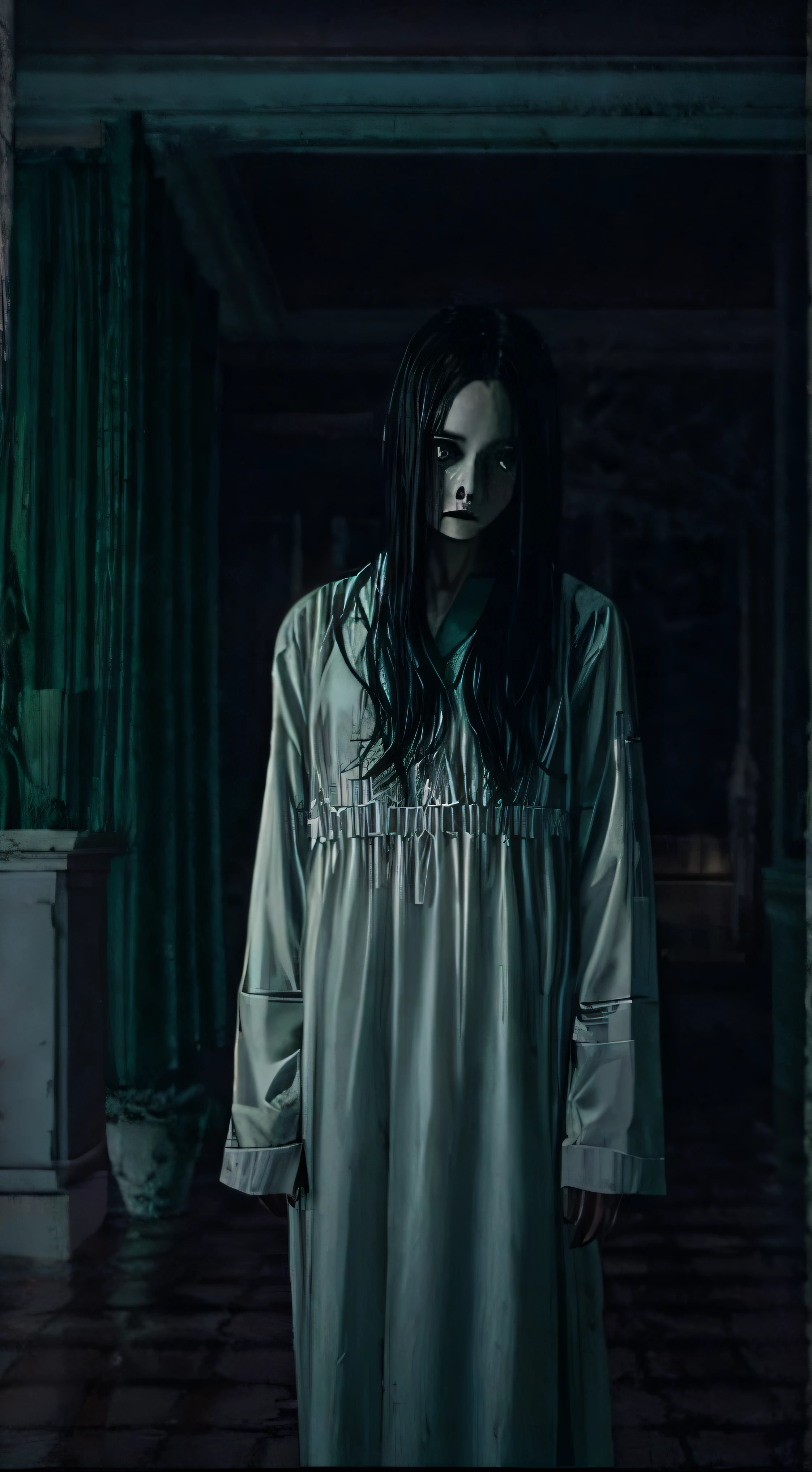 horror film shot of a creepy girl with long straight black hair, no face, wearing a dirty hospital gown,standing alone inside a haunted mansion at night, rule of the thirds, tonal color scheme, pale green, pensive stillness, bokeh, mystery, horror, unholy, eerie, creepy, moody lighting, in the style of denis villeneuve, film still, cinestill 800