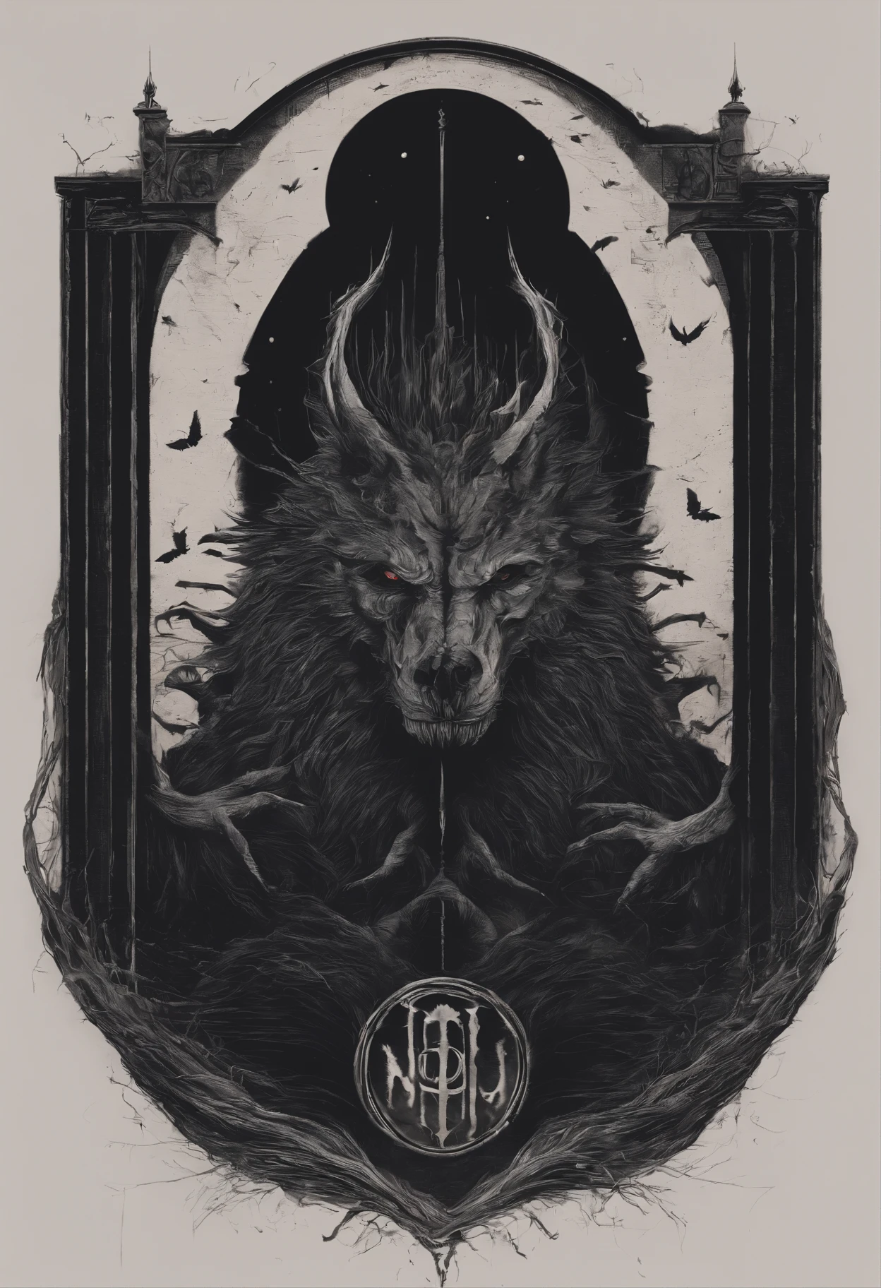 Logo para estudio de animacion, que contenga un hombre lobo misterioso con fondo tenebroso, ennla noche, con luna llena, nombre; hellhound animations