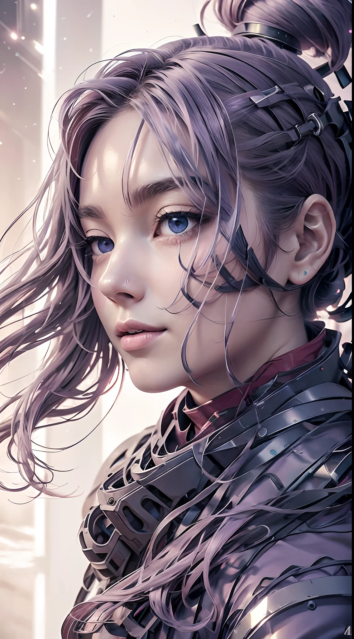 Stable diffusion cues:
lavender hair, Light blue eyes, A woman wearing a red and white mech, Metallic texture, (Best quality,4K,A high resolution,Masterpiece:1.2), Ultra-detailed, Realistic:1.37, sportrait, Vibrant colors, Soft lighting, ruined city in the background