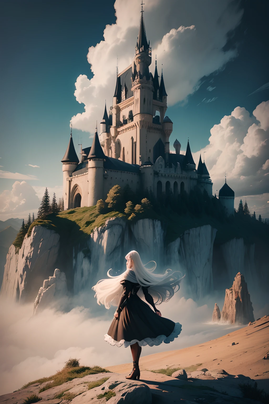 uma imagem em cartoon de um mago, cabelos longos, pose de ataque com magia, com castelo ao fundo, preto e branco, linhas grossas