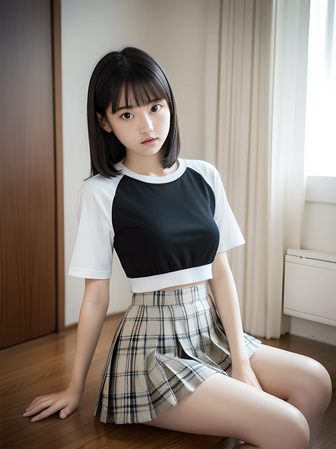 wariza,Sit up,Hands between legs,年轻,(Plaid white pleated skirt),flat breast,Black short-sleeved T-shirt,parka,Pupils,teens girl,A dark-haired,delicate and petite body,in a house