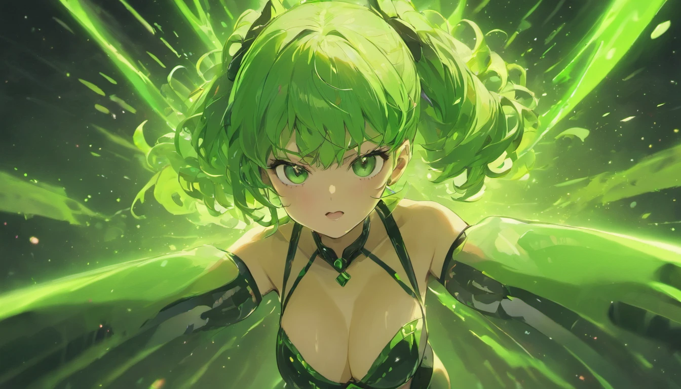 One Punch Man, Tatsumaki, Best Quality, Masterpiece, High Resolution, highly detailed, intricate details, golden ratio, 1girl, female, Hair Accessories, Necklace, Jewelry, Pretty Face, On Body, Tyndall Effect, Shadow Studio, Rim Lighting, Dual Tone Lighting, (High Detail Skins: 1.2), 8k UHD, dslr, soft light, high quality, volume light, sneak shot, photo, high resolution, 4k, 8k, background blur, cinematic light, starry background, vibrant colors, looking at viewer, shiny skin, armpits, breasts, navel, thighhighs, thighs, plump buttocks, lingerie sweat, green hair, green eyes, black dress, black thighhighs, black gloves, sky, cloud, holding weapon, no humans, glowing, robot, building, glowing eyes, mecha, science fiction, city, realistic, fantasy,