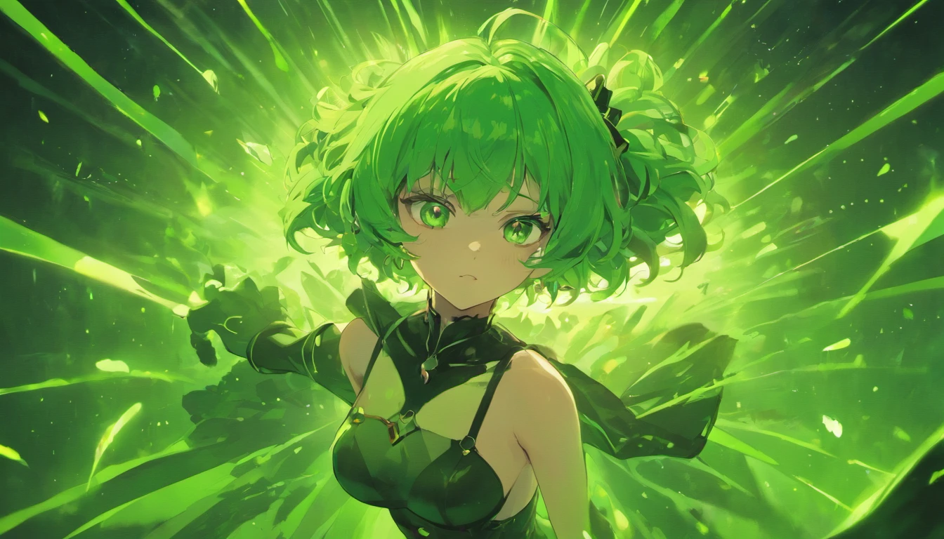 (top-quality, 8K, 12), 1 girl, tatsumaki, Short Hair Hair, Green hair, flat chested, the perfect body, ultra detail face, Detailed lips, Slender eyes, gown, stands, enticing, excited, frombelow