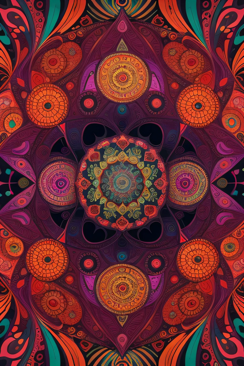 a psychedelic mandala with many different eyes and feathers in comics art style, magnificent vibrant colors and very structured details