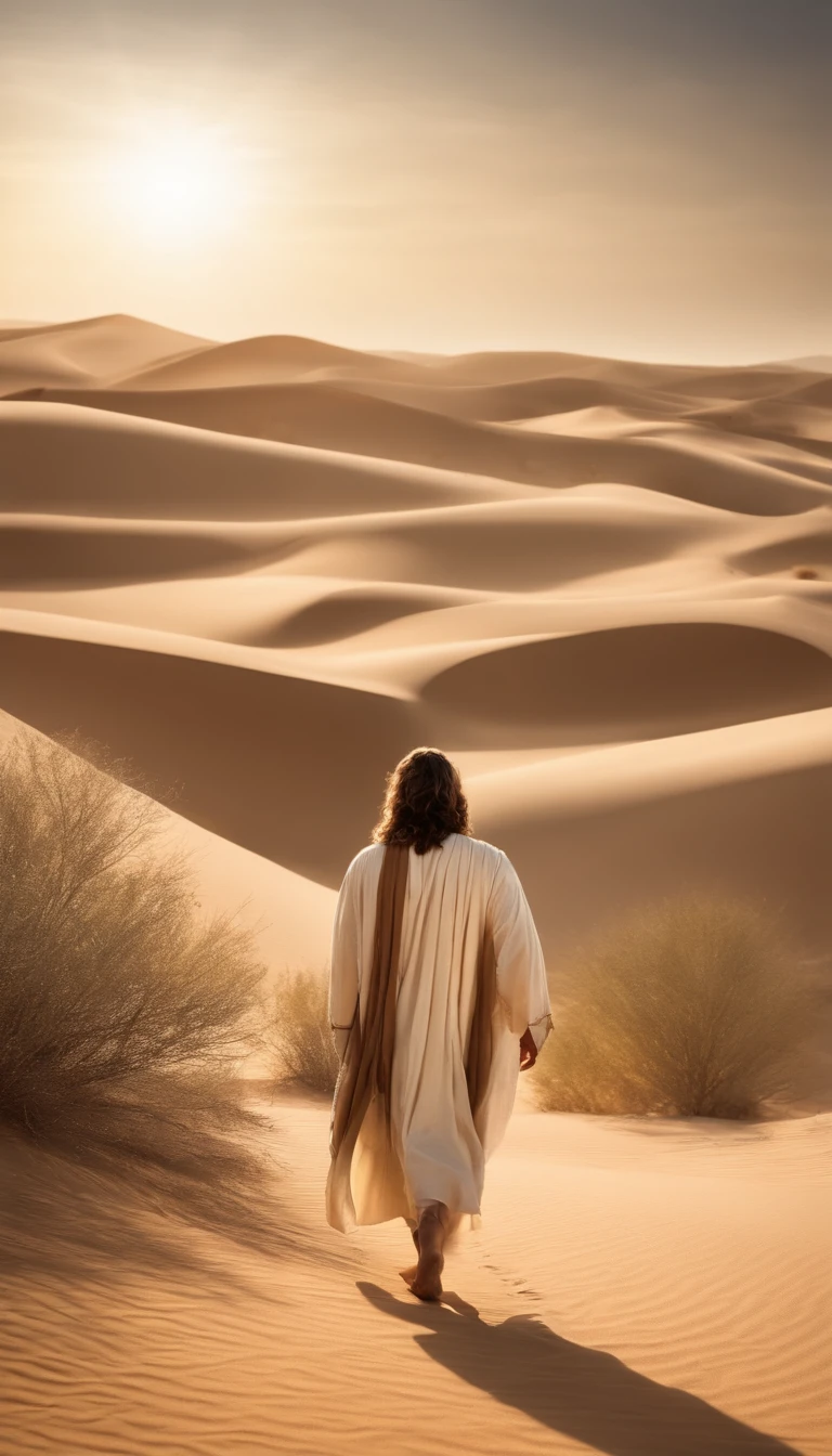 an ultra-realistic image of Jesus Christ walking in a barren desert landscape, 16K, with his back facing the viewer. Every aspect of this image should exude authenticity and attention to detail. Jesus should be depicted as a historical figure, wearing the traditional attire of his time, with a flowing robe and sandals, while his hair and beard should be meticulously crafted with lifelike precision. The desert setting should be portrayed with utmost realism, featuring vast stretches of sand dunes, rugged terrain, and a scorching sun in the sky. The play of light and shadow should be expertly handled to capture the harshness of the desert environment while maintaining a sense of reverence and spirituality. The image should convey a profound sense of isolation and introspection as Jesus walks alone in the desert. Ensure that the final result is of the highest quality, with fine details, realistic textures, and an uncanny resemblance to historical accuracy, 16K