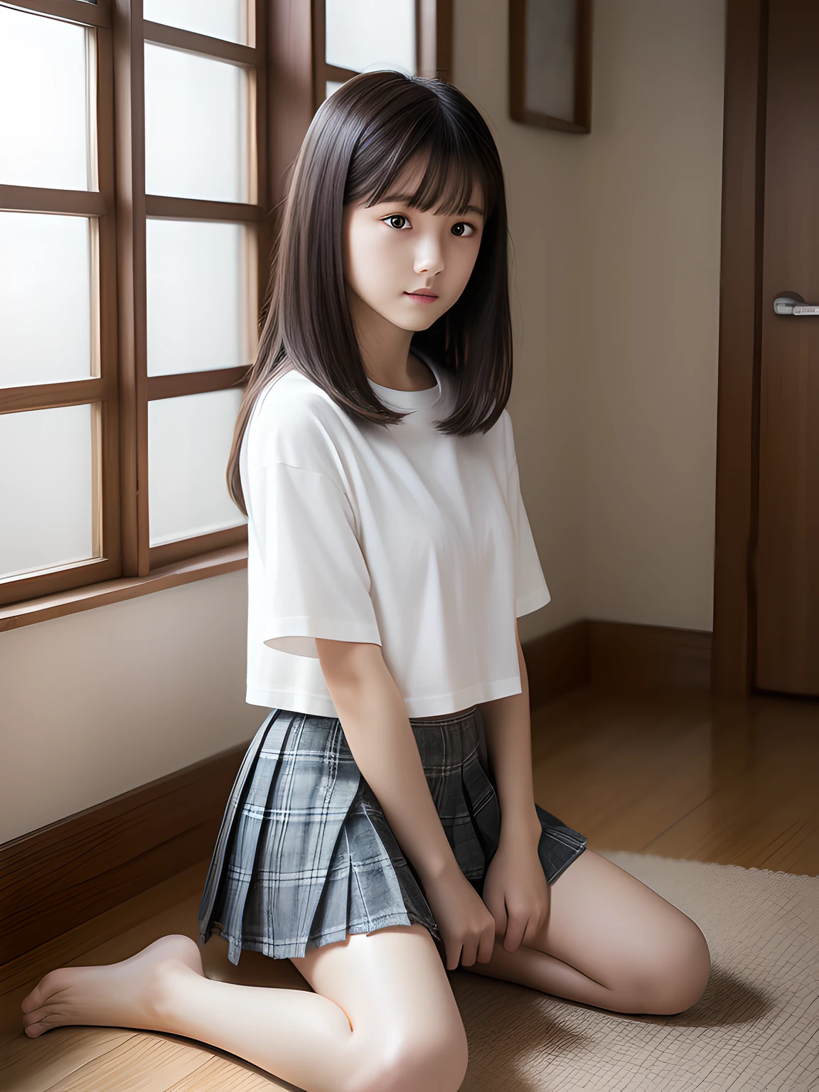 8k,Japanese,9 ,Innocent and innocent face,highly detailed face,kind eyes,straight bang hair,hair blowing in the wind,girl,cute,summer clothes,everyday wear,short sleeve,random color shirt,Random skirt,in the shade of a tree,sitting,semi-long black hair,Decolletage,thighs