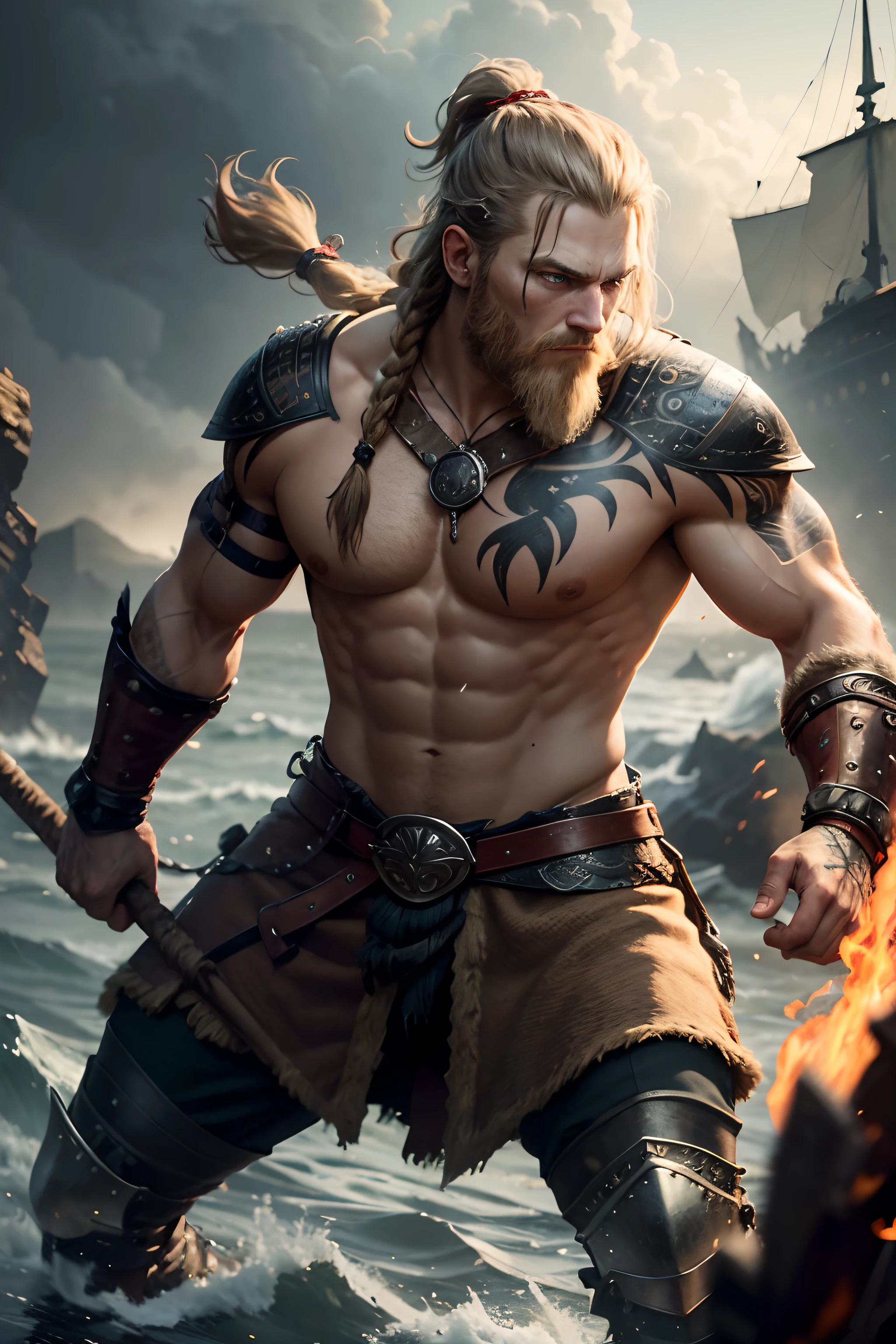 best quality,ultra-detailed,portraits,realistic,photorealistic:1.37,vivid colors,HDR,sharp focus,professional
viking warrior,raganar lothbrok,heroic expression,determined gaze,battle-scarred face,long, braided hair,fierce warrior,war paint,tattoos on face,muscular build
medium:oil painting,heavy brushstrokes,dynamically lit,weathered background,burning ship wreckage,stormy sea,smoke and fire,audacious pose,powerful stance,axe in hand,chainmail armor,leather boots,ornate helmet