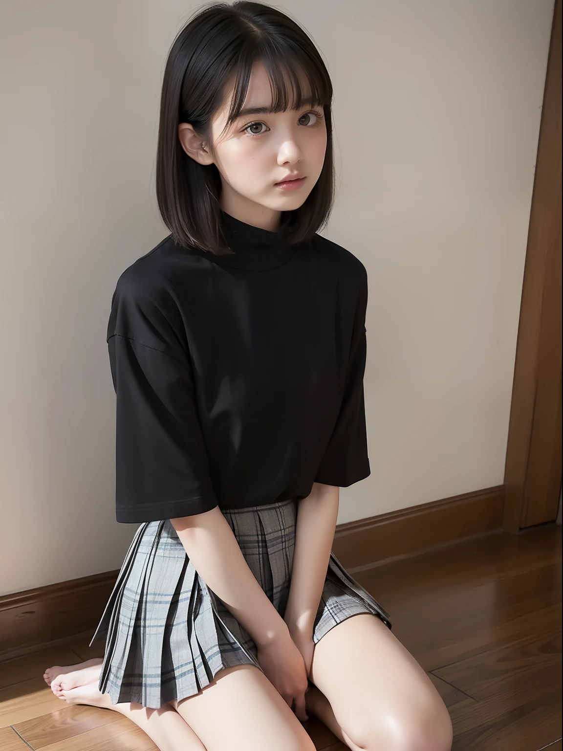Sit on one knee upright,Hands between legs,年轻,(Plaid pleated skirt),flat breast,Black short-sleeved T-shirt,parka,Pupils,s girl,A dark-haired,delicate and petite body,in a house