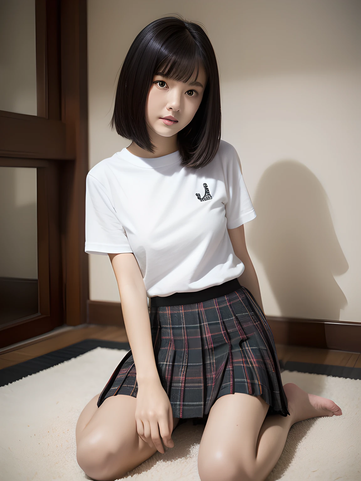 wariza，Sit up，Hands between legs，年轻，(Plaid white pleated skirt)，flat breast，Black short-sleeved T-shirt，parka，Pupils，s girl，A dark-haired，delicate and petite body，in a house