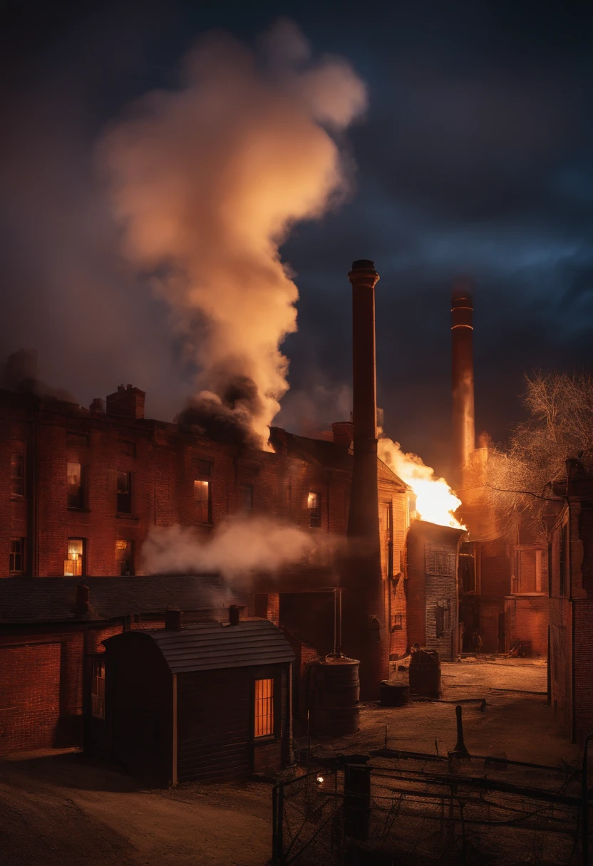 city year 1800 industrial revolution chimney smoke and fire at night detailed sky between clouds