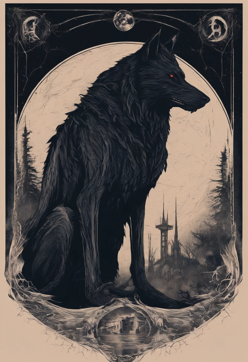 Logo para estudio de animacion, que contenga un hombre lobo misterioso con fondo tenebroso, ennla noche, con luna llena, nombre; hellhound animations, con tonalidades rojas, negras y azules