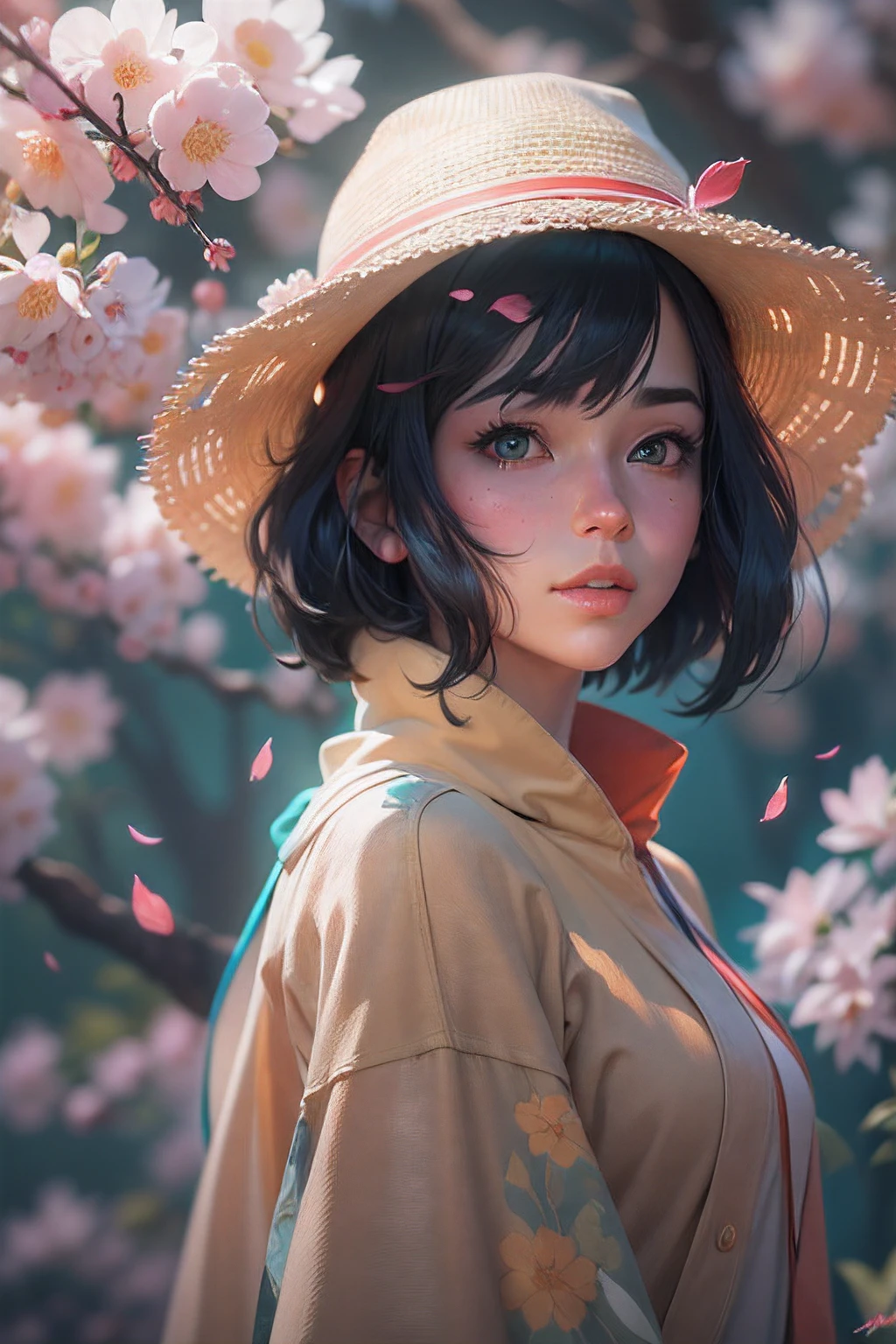 Anime girl with bob hat, character concept, short black hair, clean face, concept art, symmetric palette, 8K render, hyperdetailed, Studio Trigger, by Charlie Bowater, Makoto Shinkai, Hayao Miyazaki, Moebius, artstation trending, character concept art, symmetrical, in Anime girl, Xiao Ji, Sakura blossoms, beautiful girl, hyper detailed, octane render, by James Jean, artstation, 8k realistic