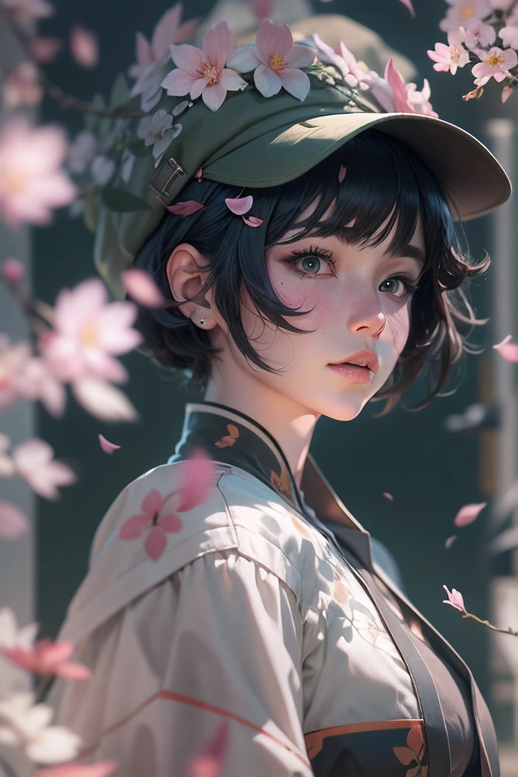 Anime girl with bob hat, character concept, short black hair, clean face, concept art, symmetric palette, 8K render, hyperdetailed, Studio Trigger, by Charlie Bowater, Makoto Shinkai, Hayao Miyazaki, Moebius, artstation trending, character concept art, symmetrical, in Anime girl, Xiao Ji, Sakura blossoms, beautiful girl, hyper detailed, octane render, by James Jean, artstation, 8k realistic