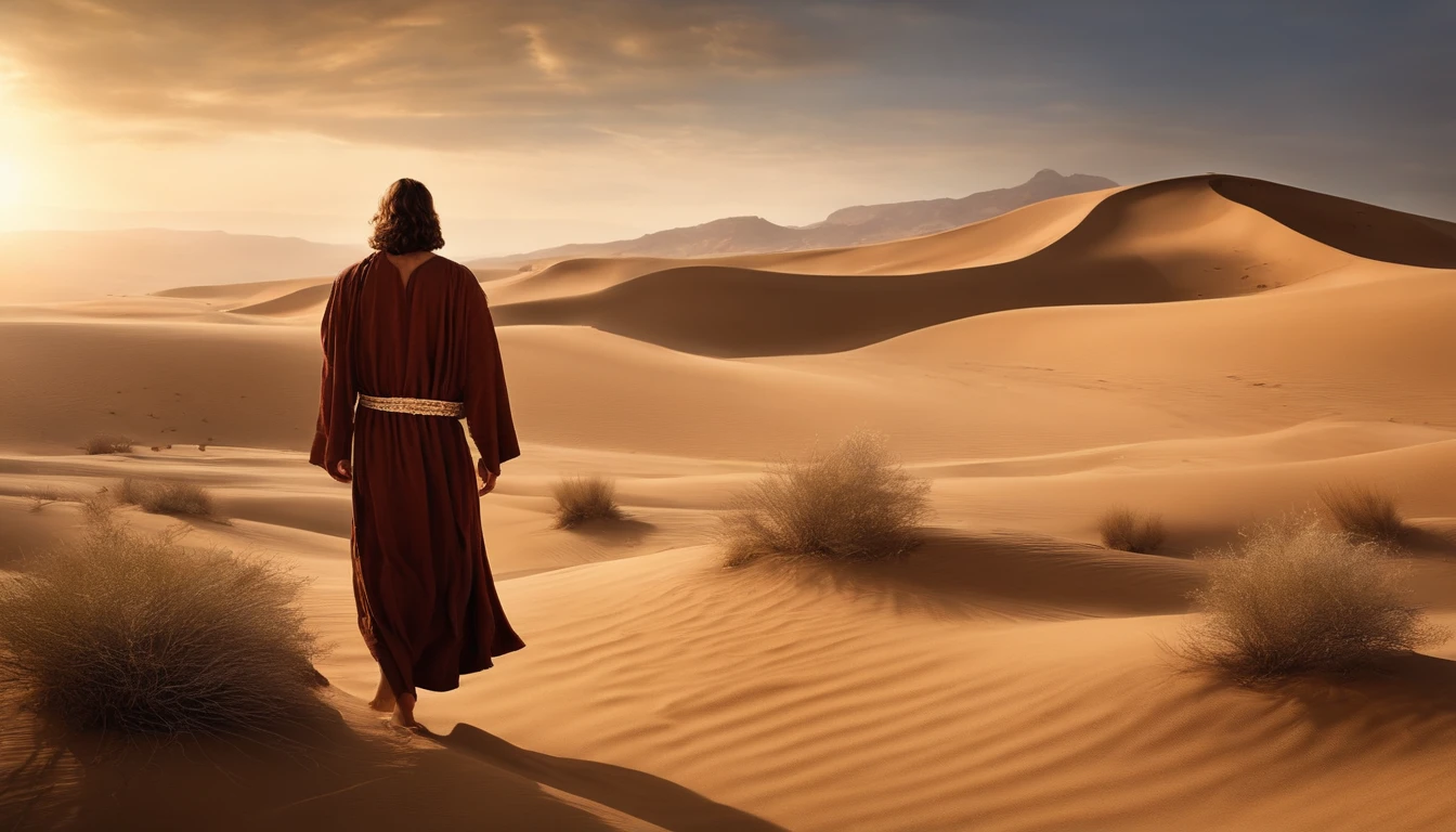 an astonishingly lifelike image of Jesus Christ walking alone in the desert, his back turned towards the viewer, 16K, with the desert landscape stretching infinitely ahead. Pay meticulous attention to every detail. Jesus should be portrayed in authentic, historically accurate attire, wearing a flowing robe and sandals. His hair and beard should be crafted with utmost realism.
In the sky above, create dramatic, billowing clouds that gather ominously, adding a sense of both wonder and foreboding to the scene. The desert terrain should be depicted in exquisite detail, with undulating sand dunes, jagged rocks, and patches of arid vegetation. The lighting should be expertly rendered, with the sun casting long shadows and a warm, golden glow across the landscape.
As Jesus walks, there should be a sense of quiet contemplation and solitude. The overall ambiance of the image should evoke a profound spiritual and introspective mood. Please ensure that the final image is of the highest quality, with ultra-realistic textures, fine details, and an extraordinary level of historical and environmental accuracy, 16K