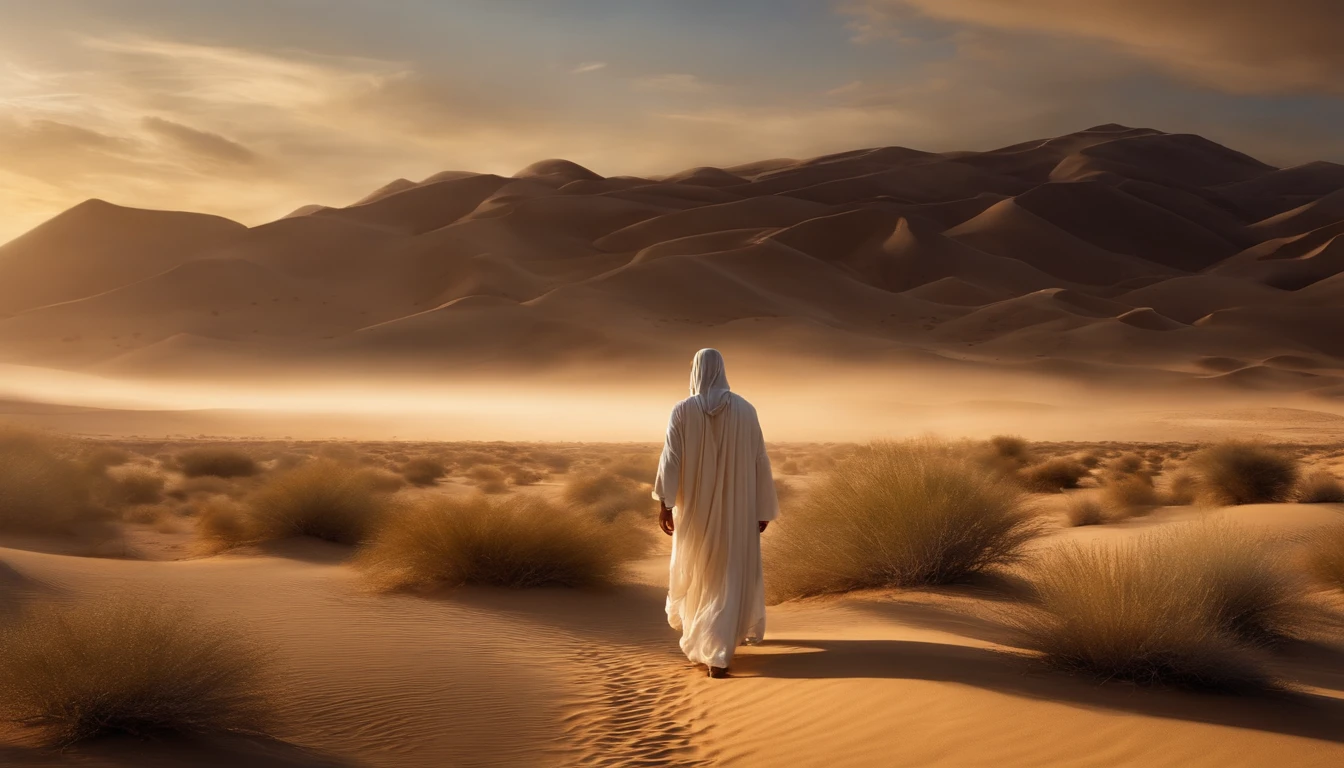 an astonishingly lifelike image of Jesus Christ walking alone in the desert, his back turned towards the viewer, 16K, with the desert landscape stretching infinitely ahead. Pay meticulous attention to every detail. Jesus should be portrayed in authentic, historically accurate attire, wearing a flowing robe and sandals. His hair and beard should be crafted with utmost realism.

In the sky above, create dramatic, billowing clouds that gather ominously, adding a sense of both wonder and foreboding to the scene. The desert terrain should be depicted in exquisite detail, with undulating sand dunes, jagged rocks, and patches of arid vegetation. The lighting should be expertly rendered, with the sun casting long shadows and a warm, golden glow across the landscape.

As Jesus walks, there should be a sense of quiet contemplation and solitude. The overall ambiance of the image should evoke a profound spiritual and introspective mood. Please ensure that the final image is of the highest quality, with ultra-realistic textures, fine details, and an extraordinary level of historical and environmental accuracy,  16K