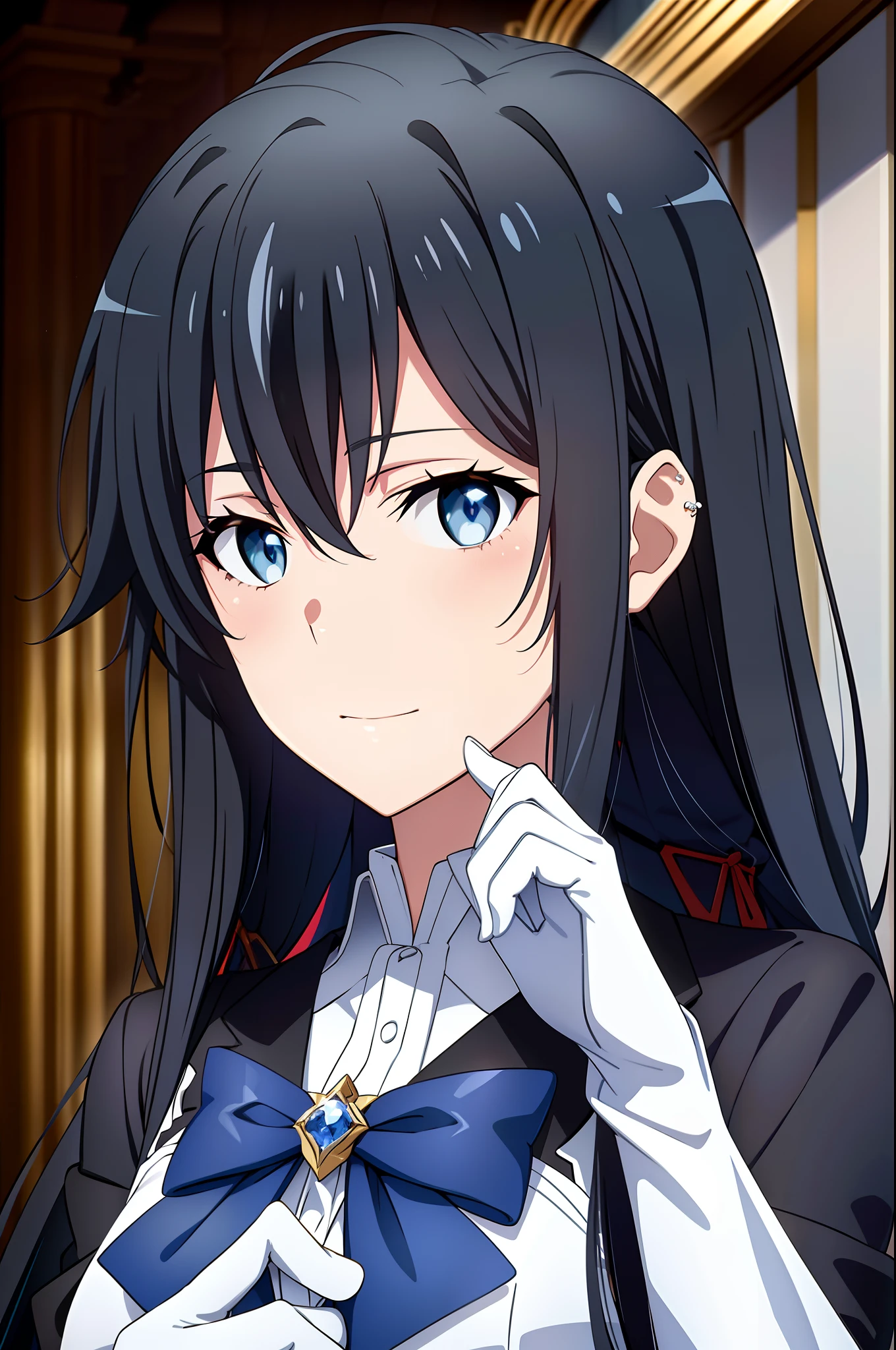 yukinoyukinoshita, yukino yukinoshita, black hair, blue eyes, long hair, ahoge, (small breast:1.2),(best quality,4k,8k,highres,masterpiece:1.2) Yukinoshita Yukino in a black tuxedo,smiling,badass butler female,sparkling eyes,sharp jawline,piercing gaze,sleek hairstyle,confident posture,white gloves,crisp bow tie,mysterious aura,dramatic shadows,subtle ambient lighting,gorgeous portrait style,deep contrast,rich colors,vivid blues,dark shades,lustrous textures. looking at viewer, BREAK (masterpiece:1.2), best quality, high resolution, unity 8k wallpaper, (illustration:0.8), (beautiful detailed eyes:1.6), extremely detailed face, perfect lighting, extremely detailed CG, (perfect hands, perfect anatomy),